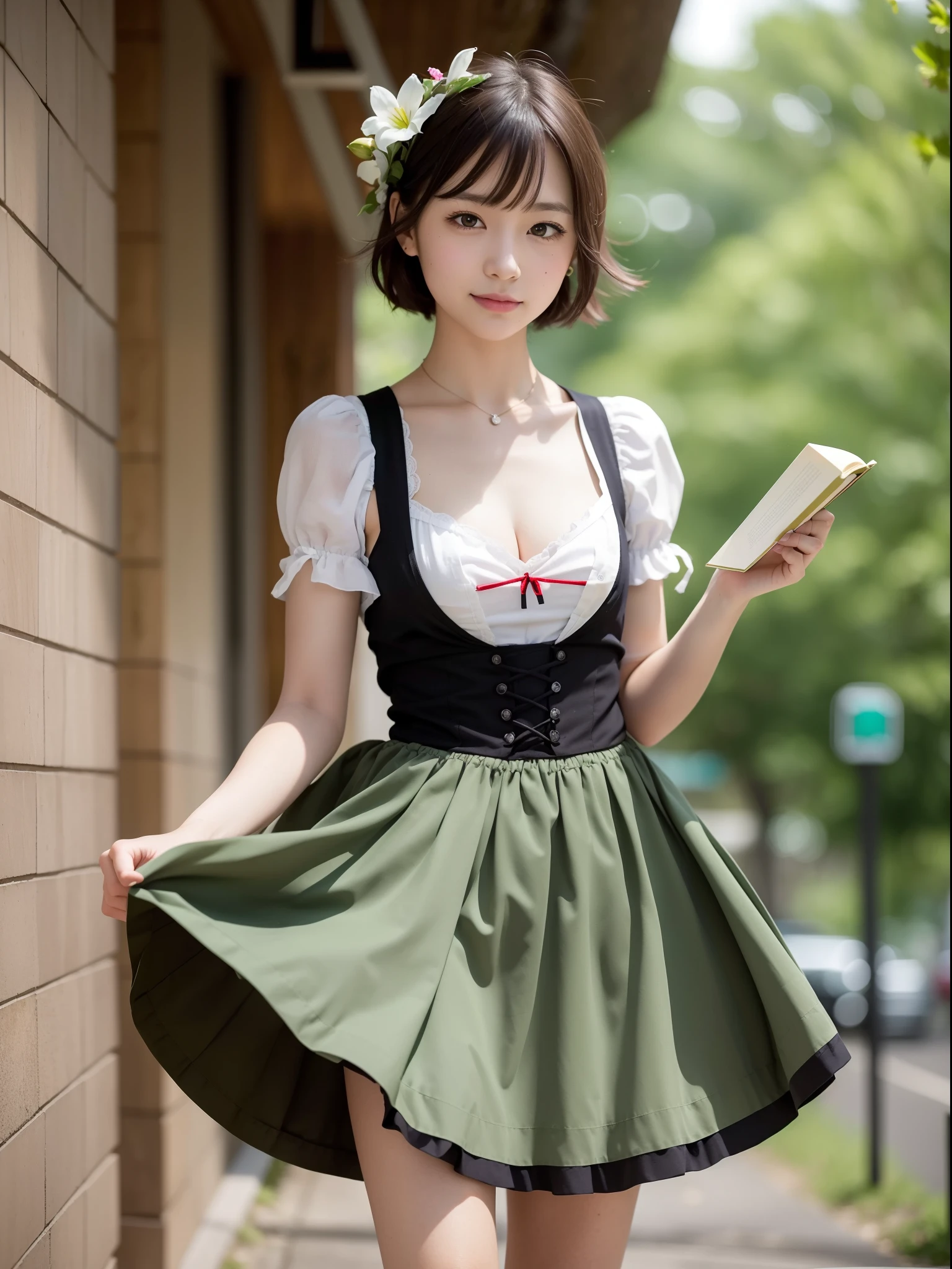 ((of the highest quality, 8K, masutepiece: 1.3, Raw photo)), Sharp Focus: 1.2, (1 AESPA Girl :1.1), Solo, (Realistic, Photorealistic: 1.37), (Face Focus: 1.1), Cute face, hyperdetailed face, (short messy hair: 1.2), Small Smile, Small breasts, flat chest, (dirndl: 1.5), ruffle skirt, multilayer skirt, chiffon skirt, rolling up her skirt herself, wind, Thigh, cafe, bar, books, flower, lily