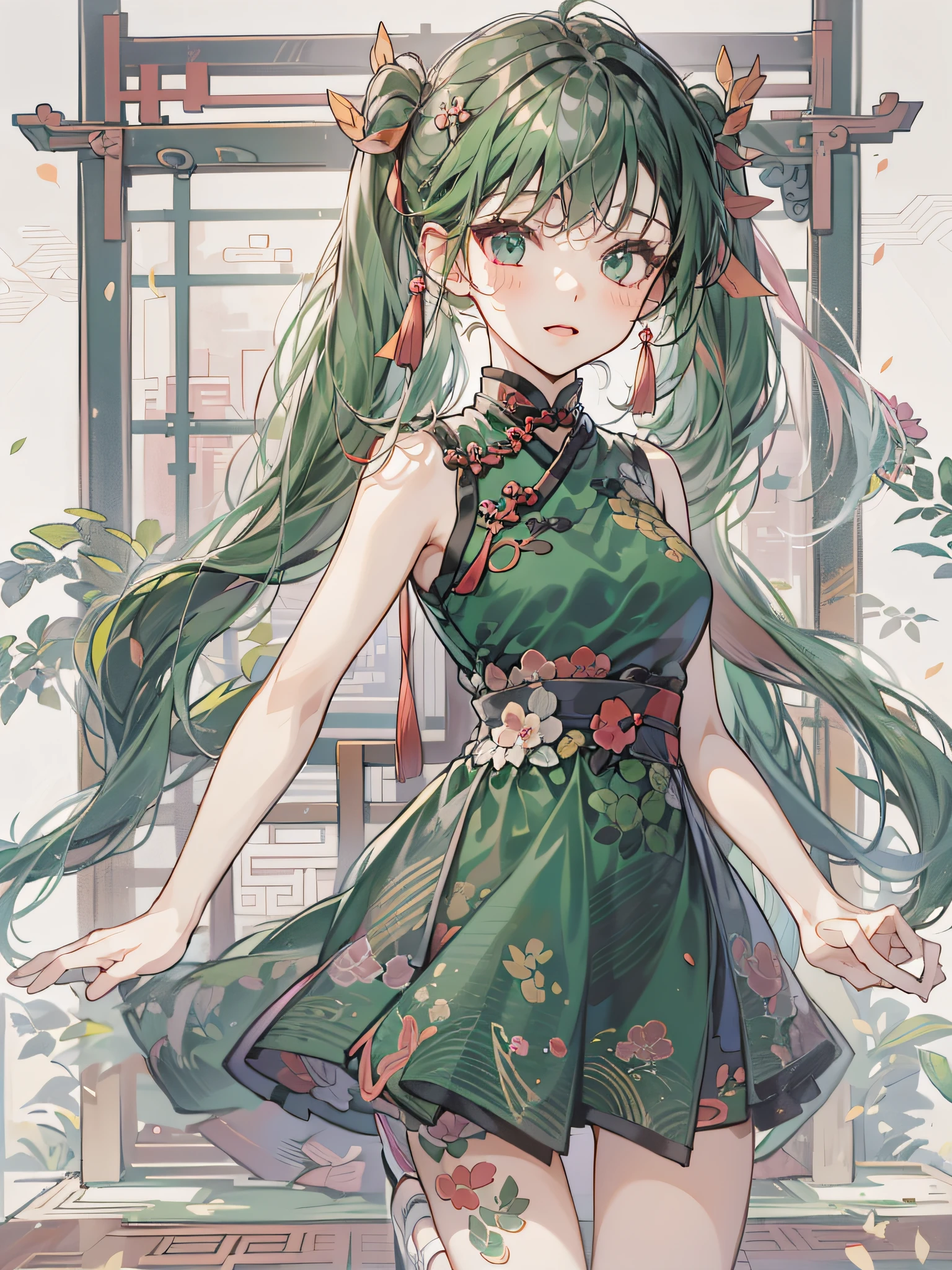 a girl, full body, twin tail hair, dark green color qipao short dress