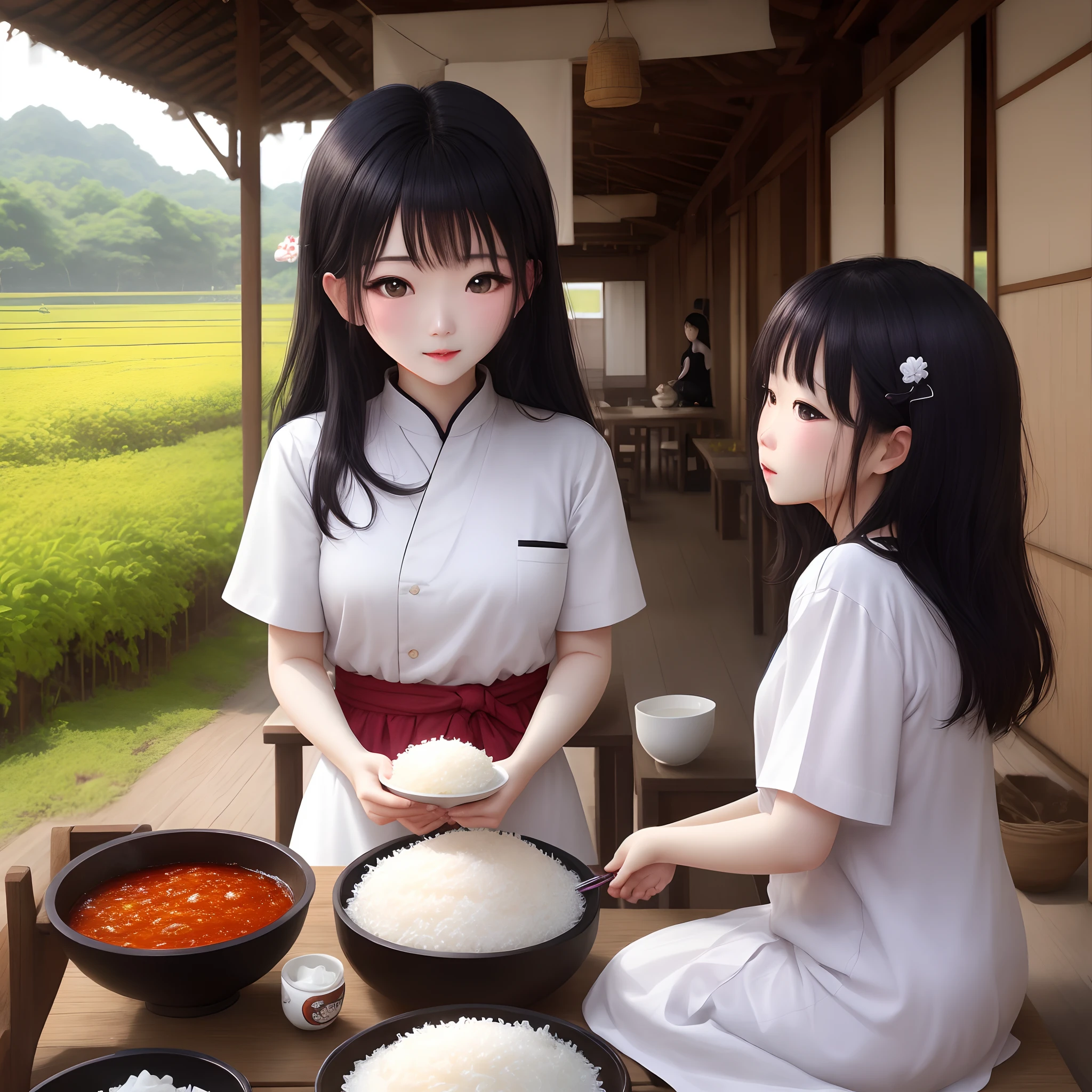 Young woman and sister, beautiful woman, medium breasts, messy, shirtless, sweating, wet, eating rice, rice bowl, food, chopsticks, sexy, sitting, white shirt