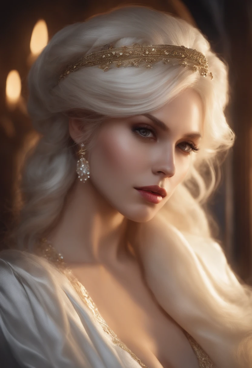masutepiece, Highest Quality, Solo Focus, (Perfect face:1.1), (high detailing:1.1),Dramatic, 1guy, (pale skin), long voluminous braided white hair,, White eyes, Solo, Long hair, Moon, Night, white luxury suit, White fedora hat, Covered navel, Pouty lips, Covered, Jazz club, Detailed background, Art by Artgerm and Greg Rutkowski, Gothic Renaissance, Cinematic lighting,