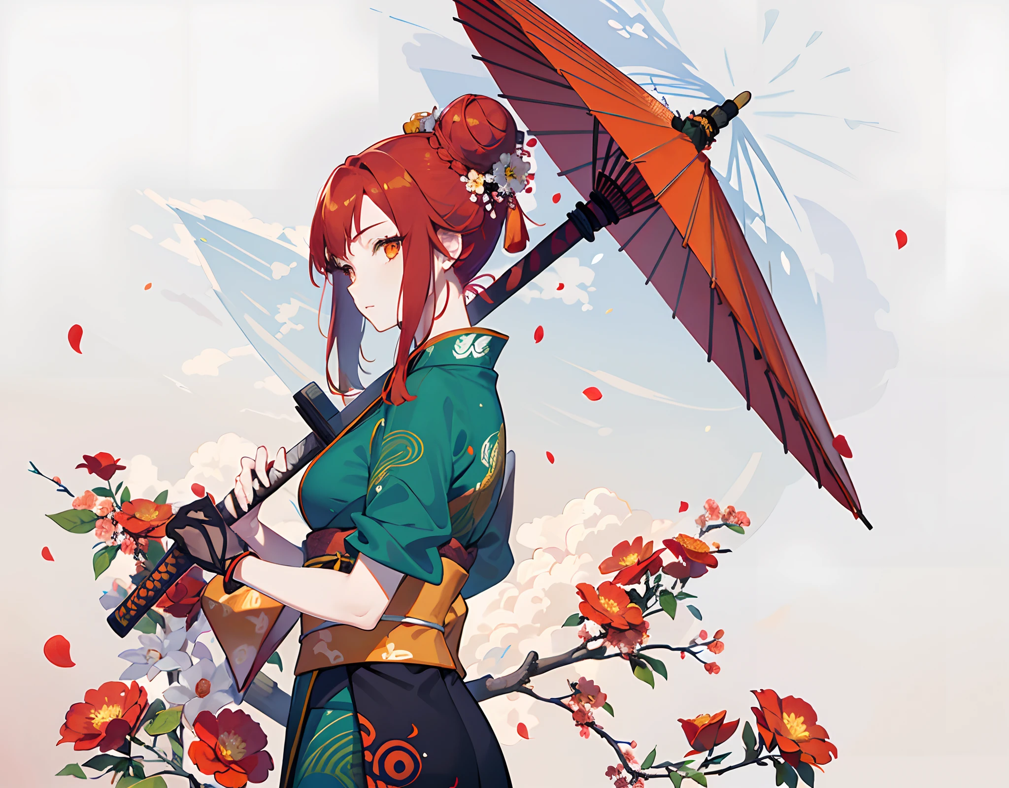 Mature girl, orange eyes, red hair color, floating hair, delicate and flexible eyes, intricate green Kimono, gorgeous accessories, one high bun, masterpiece, (+ kitsunes), + fox patterns, holding a japanese umbrella, blue sky, flower petals flying, front portrait shot, side lighting, sunlight on people, 8K, katana