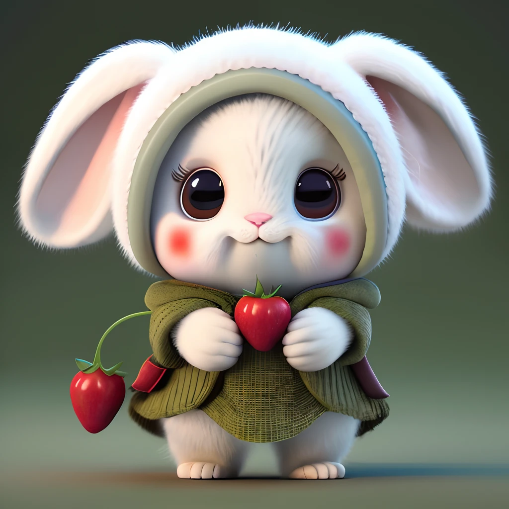 : 3. Rabbit, realistic, hairy, dressed beast, apple, dark circles, blush, cherry, food, fruit, whole body, hat, non-human, strawberry, tomato, watermelon