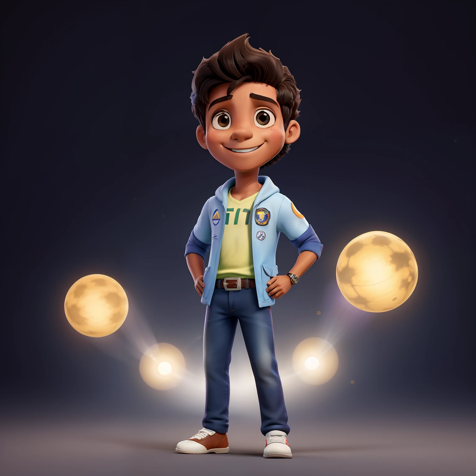 garoto de 17 anos, pele morena, cabelo bonito preto, penteado jovem e moderno, adorable face, sorrindo com a boca aberta mostrando os dentes, Appearance of extremely happy, Imagem do astronauta no traje do astronauta, Standing position, sexo masculino, appearance Ricardo Izecson dos Santos Leite, better known as Kaká, is a former Brazilian footballer,  Blurred background background without images. Procession Of Standing Astronauts Holds Pen Hand. Estudante dedicado.