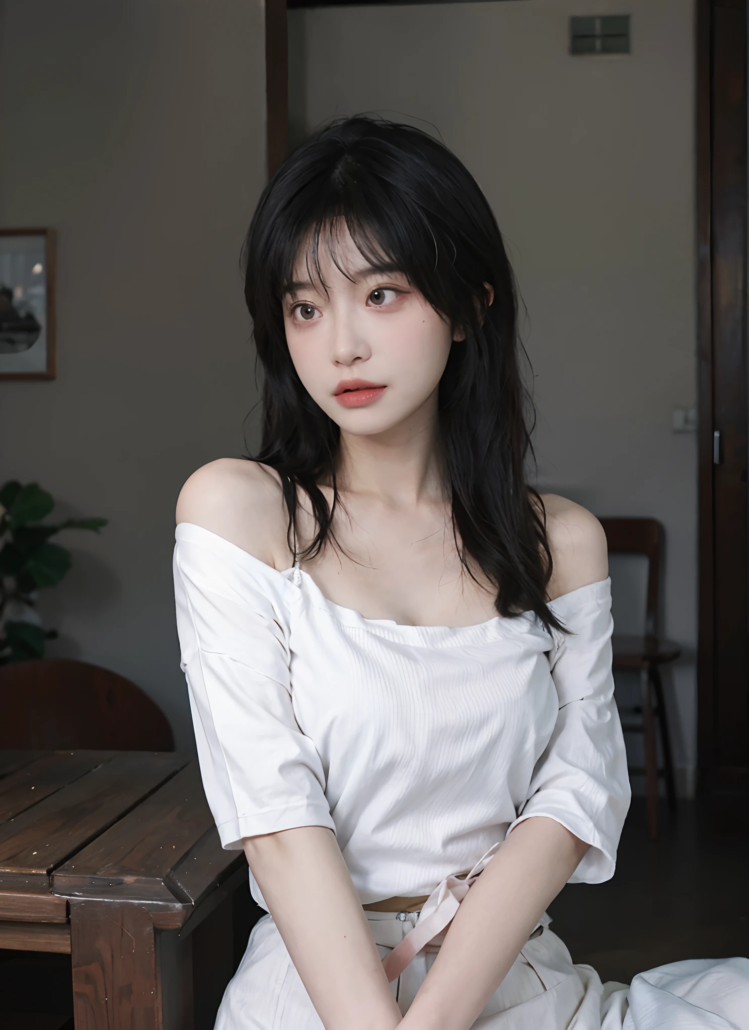 best qualtiy, 超高分辨率, (realisticlying:1.4), twincest, A pair of clear and moving peach blossom eyes,Royal Sister,Off-shoulder white shirt, White tight skirt, (Faded gray-gray hair:1.2), (big cleavage breasts:1.2), closeup cleavage ,