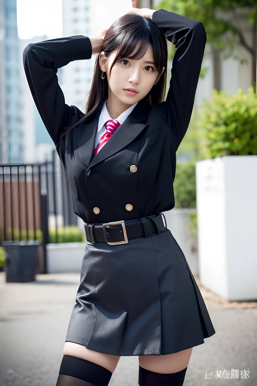 (masutepiece:1.2),High quality,vivd colour,flat-colors,Deep Depth Of Field,Lens Flare,1 girl,Black hair,eyecontact,Suit,Collared shirt,Belt bag,suspenders,Professional,Office Lady,Mature Women,Black mini skirt garterbelts knee high Stockings Black Niso Colorcon armpit sweat perspiring Side of both hands,Black jacket,Gaze,ample bosom,Armpit sweat,Exposing the armpits"Pichi Pichi clothes