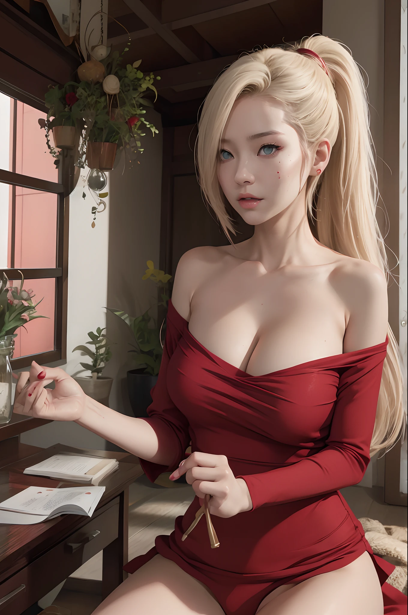 Ino yamanaka,Large breasts,cleavage,Off-the-shoulder attire,Be red in the face,Close-up shot,inside in room,Bedrooms,Greenery,one-girl,pantiess