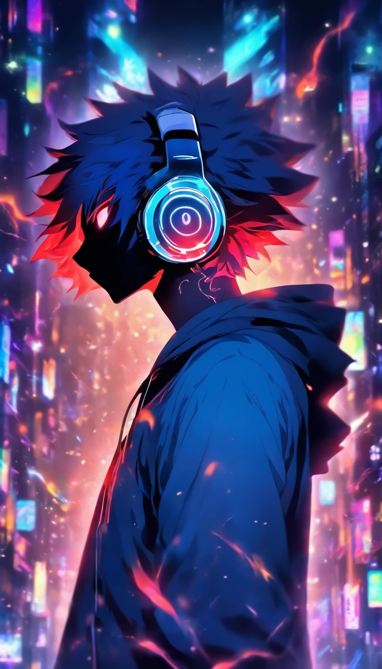In a sidepose, a mysterious man stands against a dark and eerie background. His white hoodie and mask give him an air of secrecy, while his headphones hint at the music that keeps him company in this dark world.
