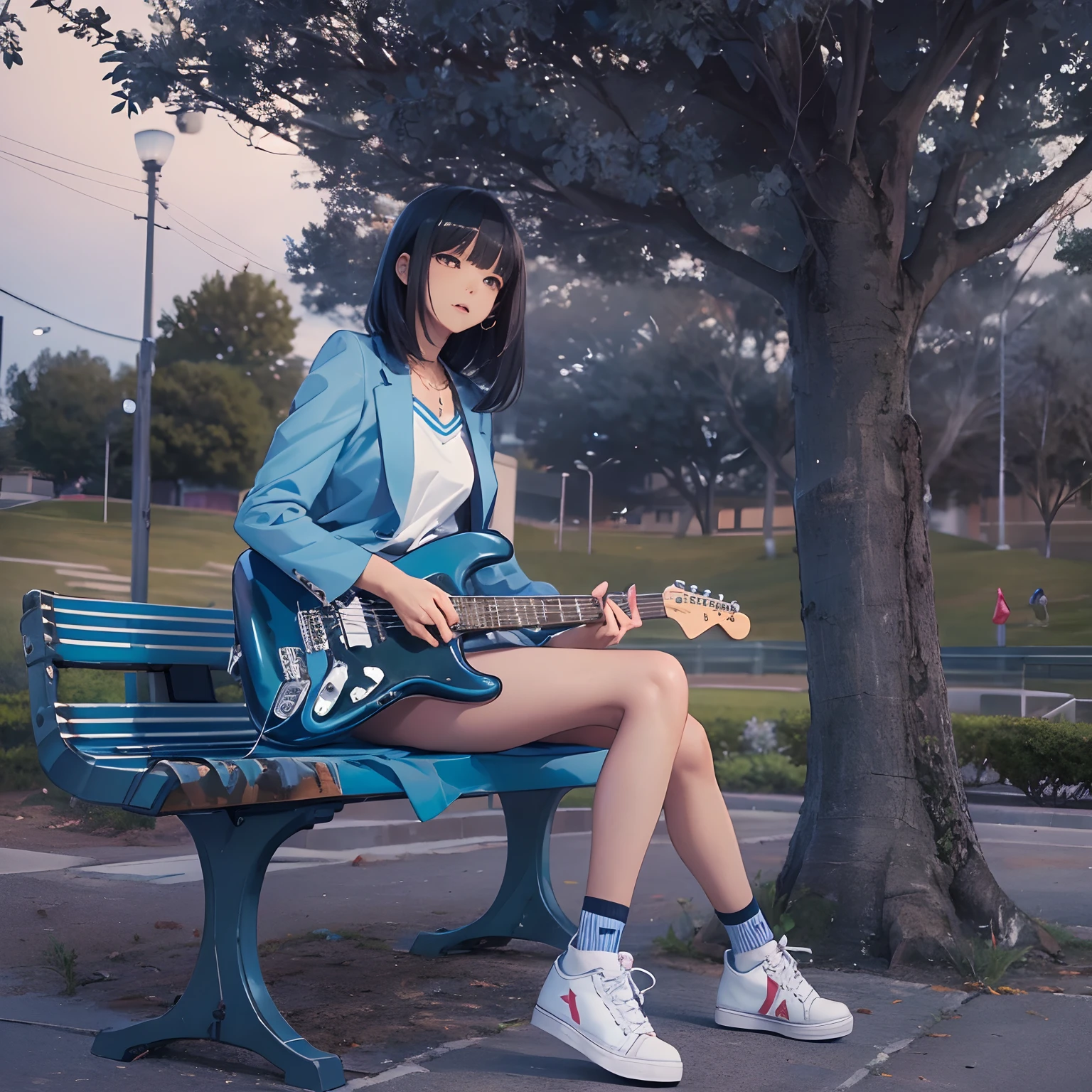 masutepiece, High resolution, Cinematic lighting, Park overlooking the harbor, Alone, High school girl sitting on bench playing electric guitar (Light Blue Fender Stratocaster), Beautiful Girl, Black hair, a short bob, High School Uniform (Dark blue) Blazer and checked skirt), White Converse Basketball Shoes,