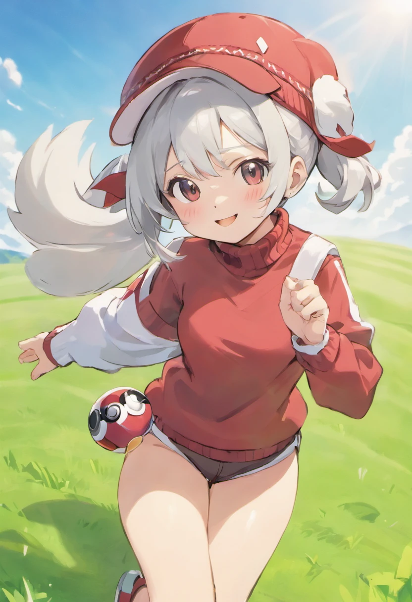 masterpiece, top-quality, Hi-Res, 1girl in,Schisol behind the girl, 独奏, grey eyes, white hair, White shorts, Red Cap Cap, Beanie, Red knitted turtleneck with long sleeves,poneyTail, Short shorts, a belt, cowboy shot, Grassy, deph of field, The best smile, Have a Poké Ball, put hands on the hip, poke ball\(fundamental\),