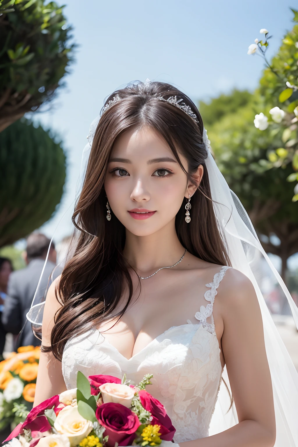 (8K,Raw photo、Raw photo、top-quality、Master masterpiece:1.2)、ultra-detailliert、Super Resolution、(Photorealsitic:1.3)、Angle to shoot from the front、Clearly draw shades of light、high resolution RAW color photos、professional photograpy、Same skin type as humans、Female proofreading of Japan from head to waist、Blur the background、Draws faithfully to anatomy、Very detailed and beautiful、Ultra-high image quality、long、Hair swaying and sexy、Very detailed beautiful girl、smil、Loosely curly hair、Wedding、doress、chies、wedding dress、tiarra、From head to foot、bouquet、Flower garden、