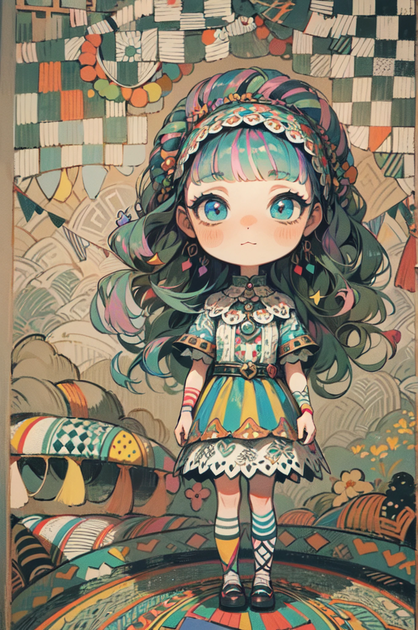 (iridescent zentangle)
(Theme: The Shadow Behind the Fun) A circus comes to a rural village. The villagers are very excited because of its rarity, but after a few days, some children have not been seen since. (Artistically drawn)(chibi girl) (simple background) (flat painting style) (kawaii)