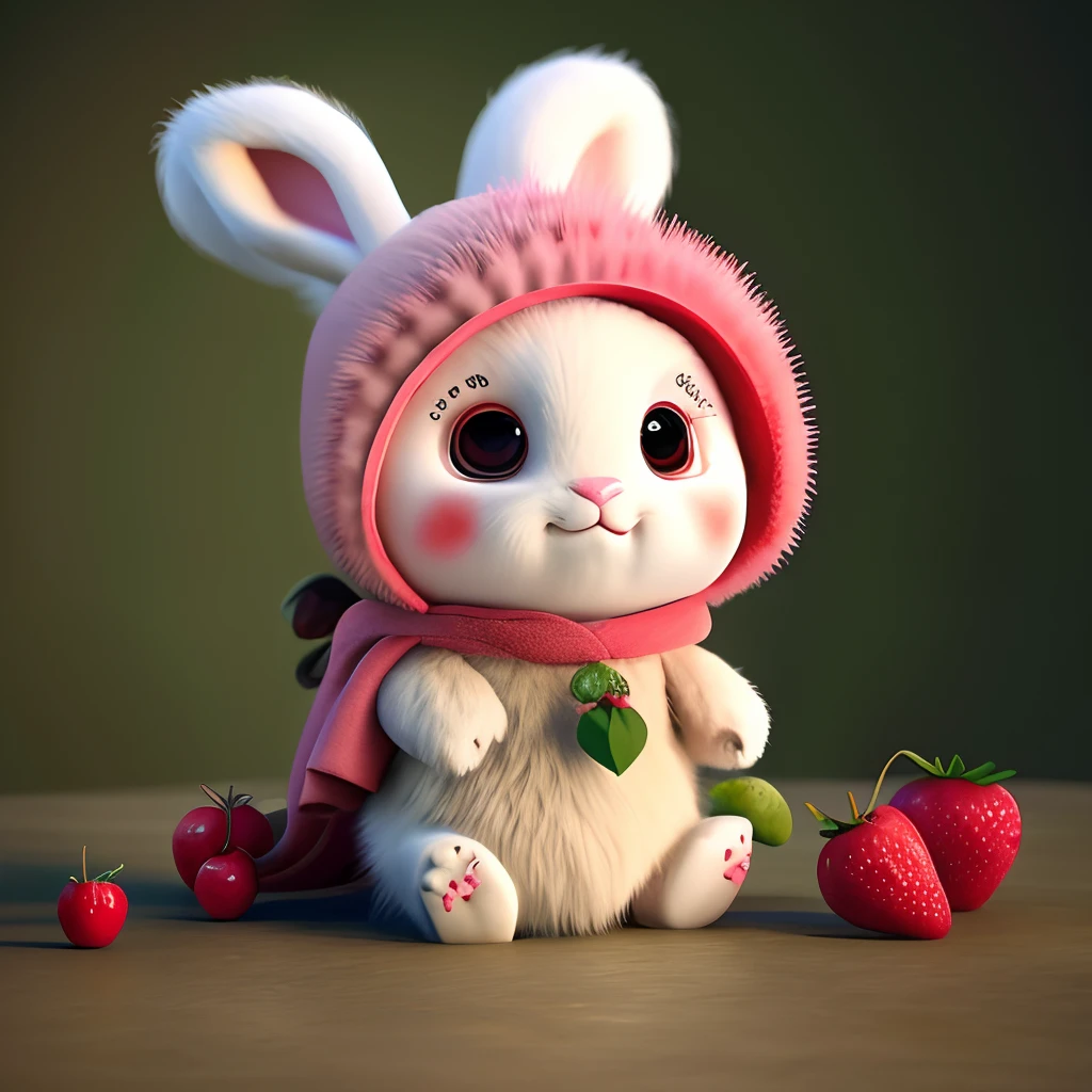 : 3. Rabbit, realistic, hairy, dressed beast, apple, dark circles, blush, cherry, food, fruit, whole body, hat, non-human, strawberry, tomato, watermelon