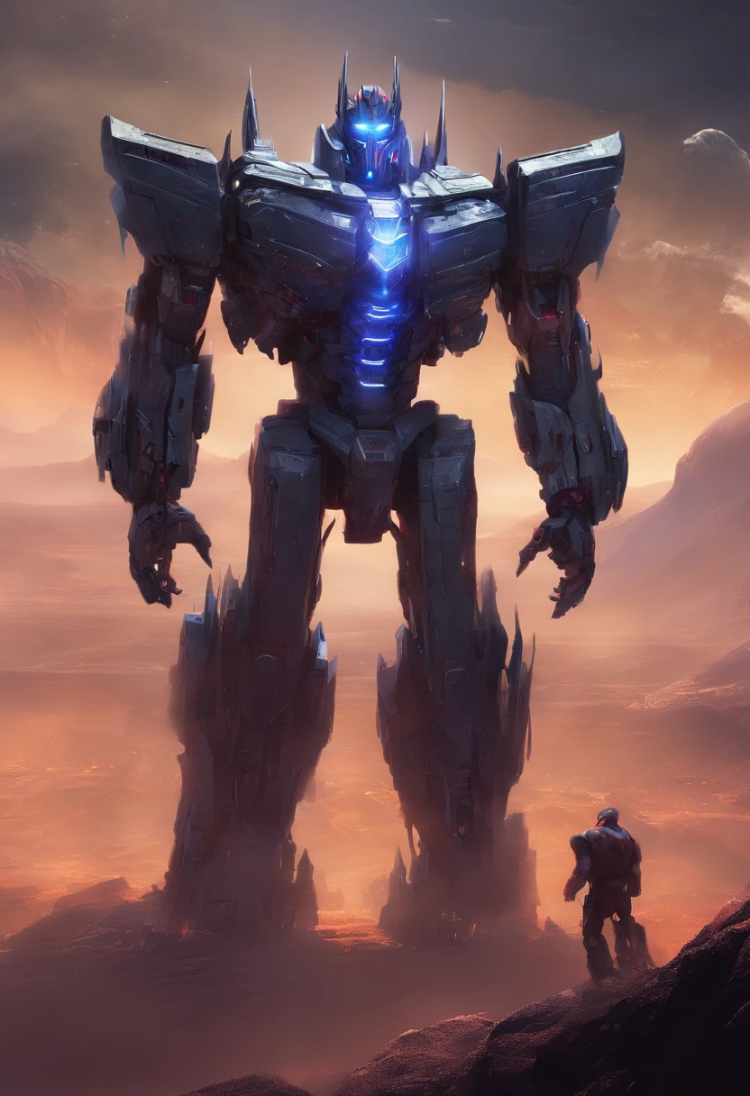 Optimus Prime, sci-fi, dark, wearing iron man suit, biomechanical design, eerie atmosphere, lush alien landscape, vibrant flora, mysterious rock formations, atmospheric lighting, mountains, ethereal mist, distant alien sky, captivating celestial bodies