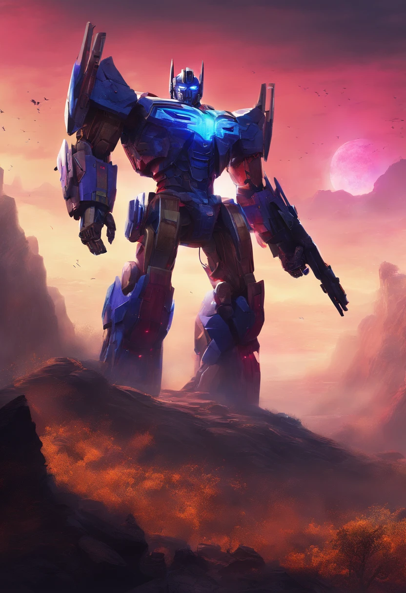 Optimus Prime, sci-fi, dark, wearing iron man suit, biomechanical design, eerie atmosphere, lush alien landscape, vibrant flora, mysterious rock formations, atmospheric lighting, mountains, ethereal mist, distant alien sky, captivating celestial bodies