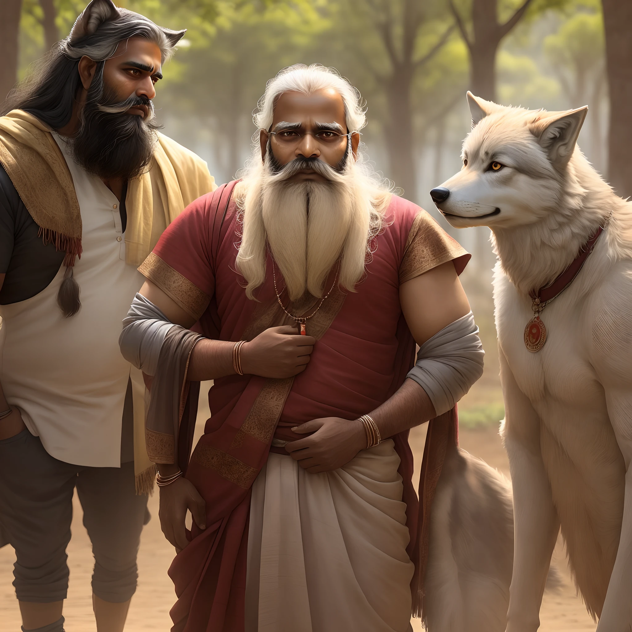 A south Indian person with beard standing with wolves pack
