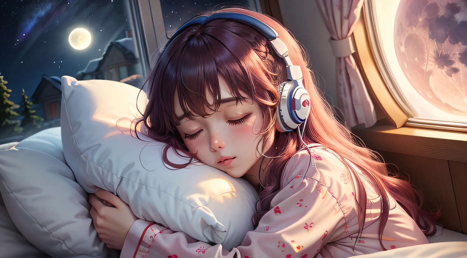 colorful、on clouds、kosmos、night, Big Moon in window、realistic、The girl is sleeping wearing red pajamas、She wears delicate headphones that blend into her hair, Only one stuffed animal、closed eyes, hugging pillow、超A high resolution