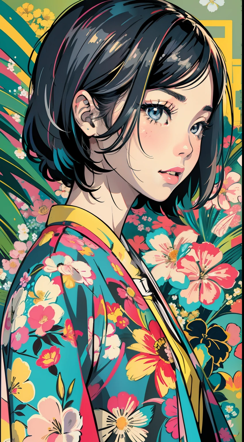 Create digital artwork in pop art, Featuring a bright and confident young asian girl，Street fashion, Movie Color Scheme, Surrounded by vintage floral motifs, Bright brush strokes,Emotions should be dynamic, upper-body, Drawing, illustartion, Grayscale, tropical, lots of flowers,