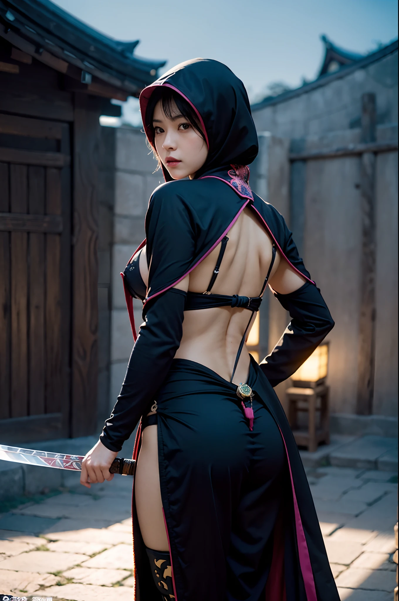 (photo realistic:1.4), (hyper realistic:1.4), (realistic:1.3),(increase cinematic lighting quality:0.9),Elaborate female ninja,huge butt,Elaborate patterns ninja mask,Elaborate patterns Ninja cape,Elaborate patterns Ninja hood,Slingshot swimsuit,carries a Japanese sword on his back,(twilight:1.2),japanes City of the period drama