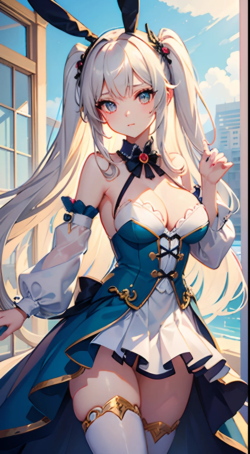 ((Best Quality)), (ultra-detailliert), ((Extremely detailed)), (Beautiful), ((Kawaii Girl)),(two side up hair)、((masutepiece)),Platinum Blonde Hair,Long hair, hair between eye, Wavy Hair, Long sideburns,Jade-colored eyes, White skin,Colossal tits、Rabbit ears,Slender body,playboy_bunny,Standing,Look Camera,One Woman,Anime