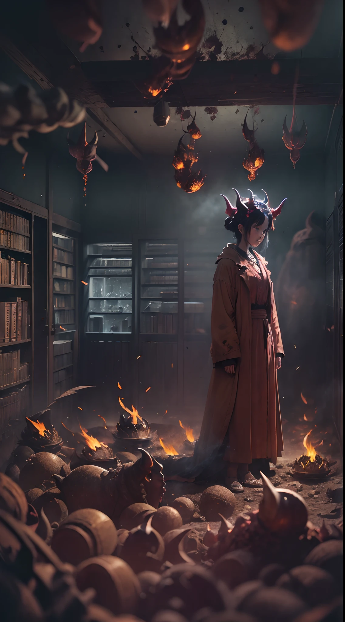 (Seventh Hell:1.8) (Ecological library:1), ((primitive, analogue style)), Cinematic lighting, Atmospheric lights, god light, Ultra detailed, full bloom, Dramatic atmosphere, Centered, Rule of thirds, f/1.4, 6 mm, high-angle shot,