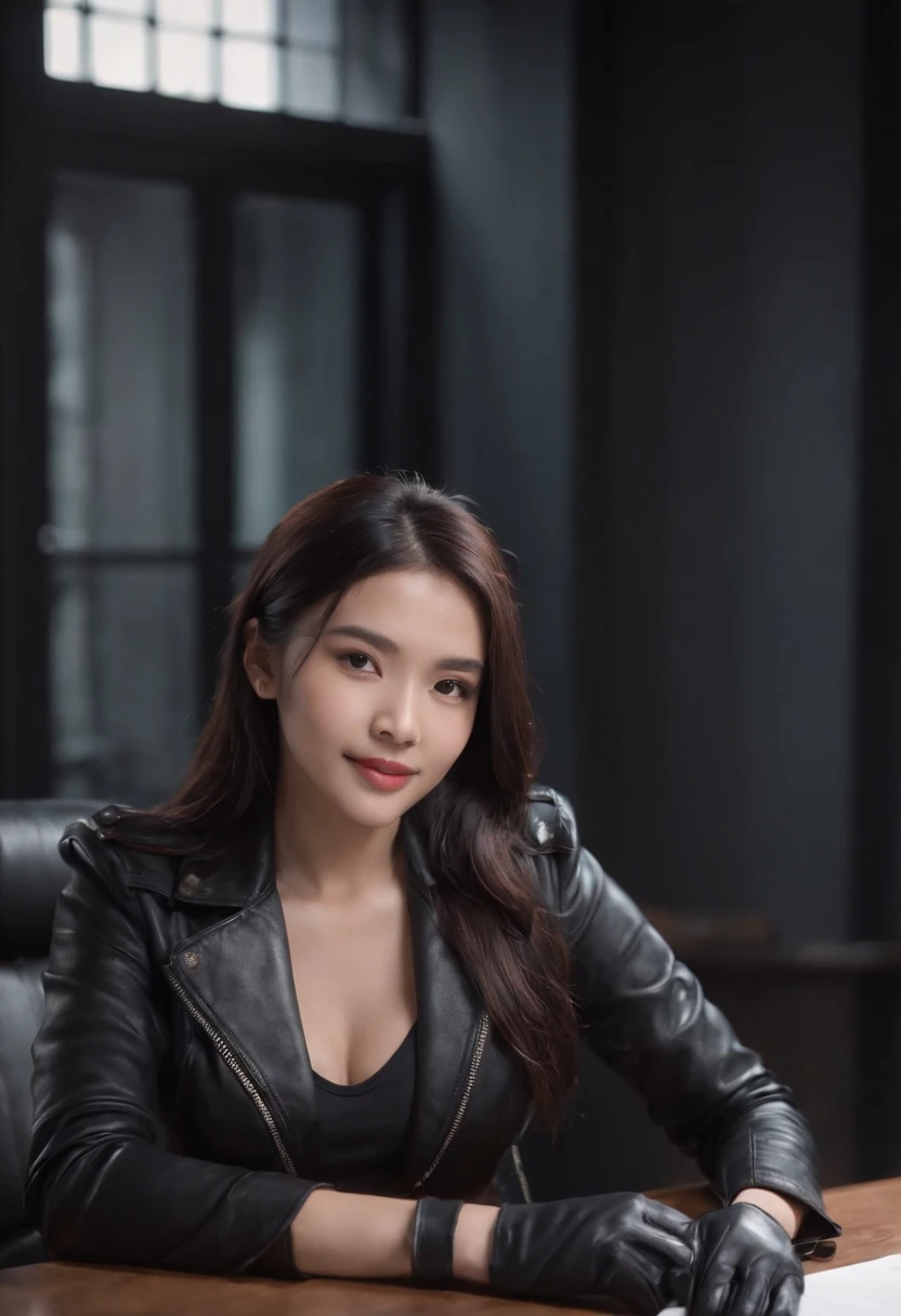 Wear black leather gloves on both hands, Upper body, Black leather rider jacket, Necklace on the chest, Smiling at desk in a modern study in the dark, black long straight hair, young Chinese woman (Black leather gloves cover hands) Fingers with black leather gloves, Sit in a leather chair, Work on a computer, Staring at the screen,huge tit,Crisp chest half exposed