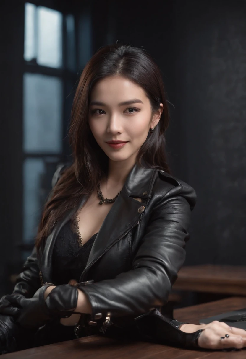 Wear black leather gloves on both hands, Upper body, Black leather rider jacket, Necklace on the chest, Smiling at desk in a modern study in the dark, black long straight hair, young Chinese woman (Black leather gloves cover hands) Fingers with black leather gloves, Sit in a leather chair, Work on a computer, Staring at the screen，huge tit，Crisp chest half exposed
