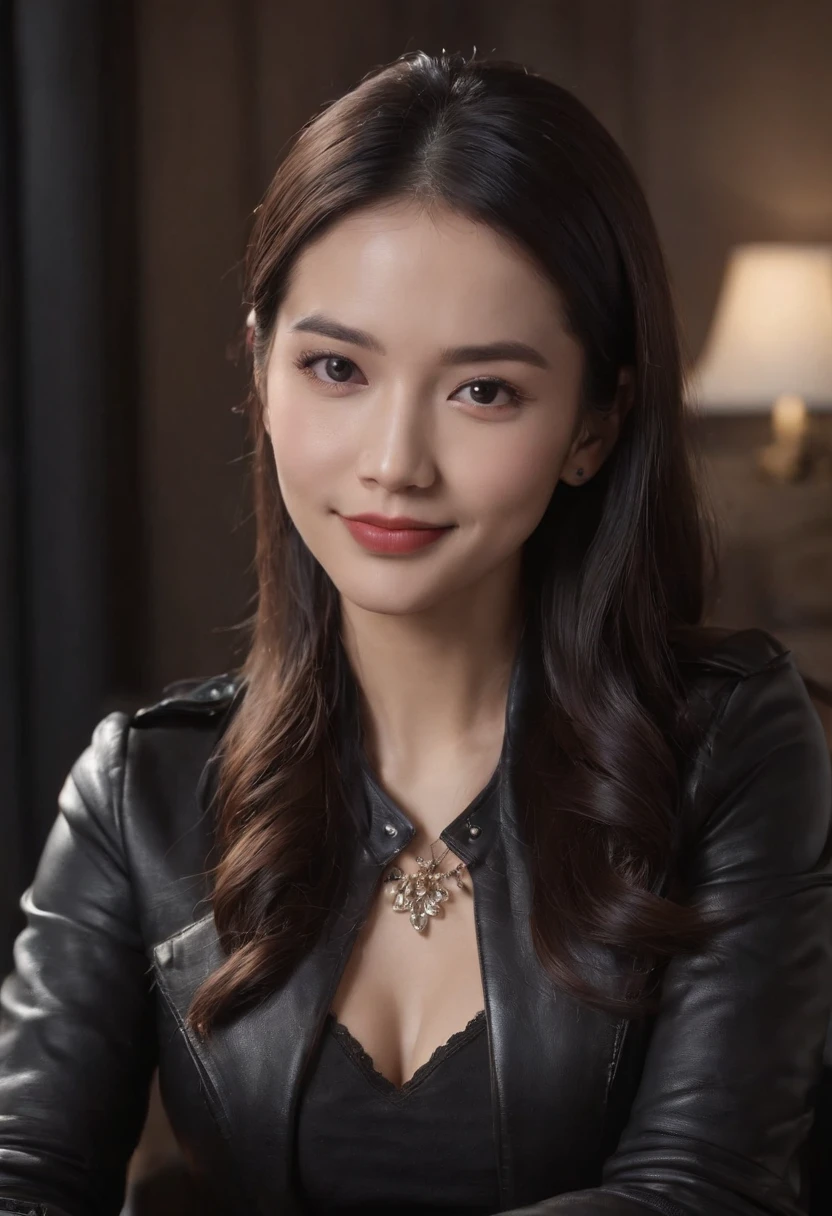 Wear black leather gloves on both hands, Upper body, Black leather rider jacket, Necklace on the chest, Smiling at desk in a modern study in the dark, black long straight hair, young Chinese woman (Black leather gloves cover hands) Fingers with black leather gloves, Sit in a leather chair, Work on a computer, Staring at the screen,huge tit,Crisp chest half exposed