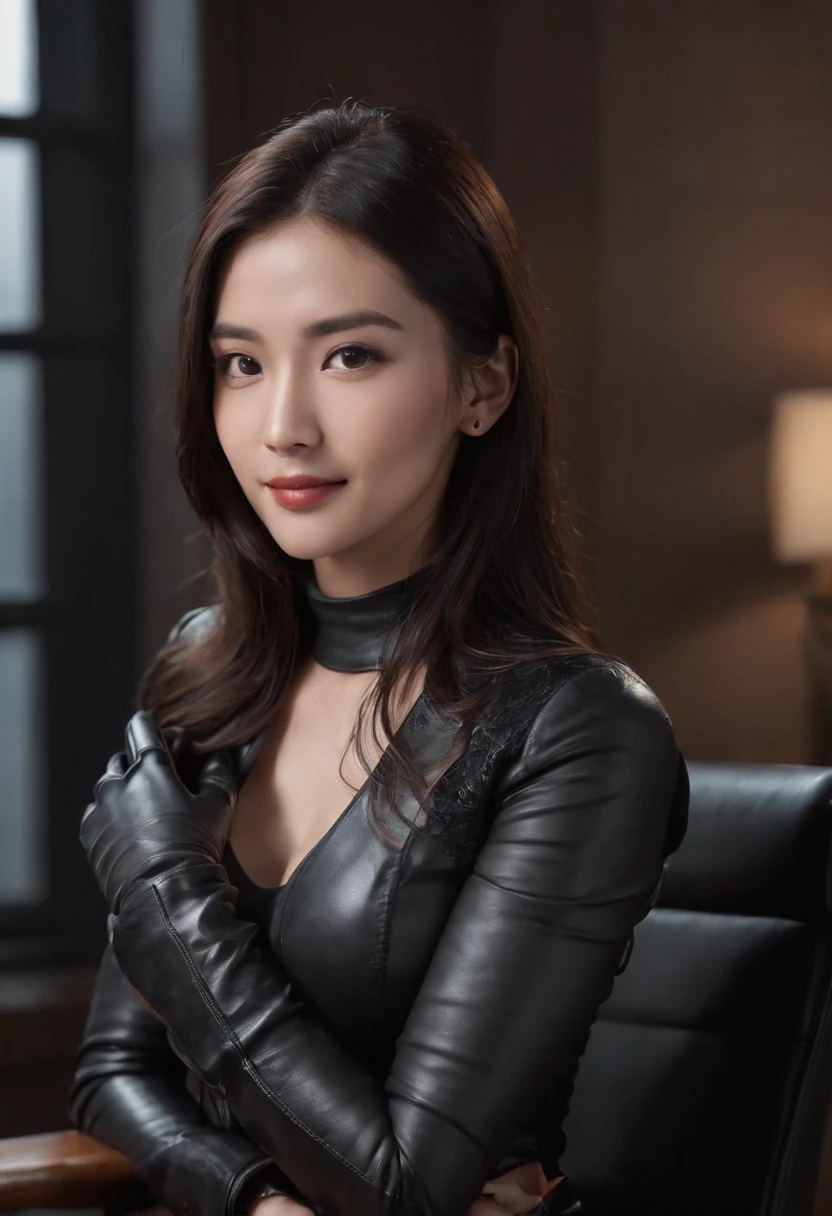 Wear black leather gloves on both hands, Upper body, Black leather rider jacket, Necklace on the chest, Smiling at desk in a modern study in the dark, black long straight hair, young Chinese woman (Black leather gloves cover hands) Fingers with black leather gloves, Sit in a leather chair, Work on a computer, Staring at the screen,huge tit,Crisp chest half exposed