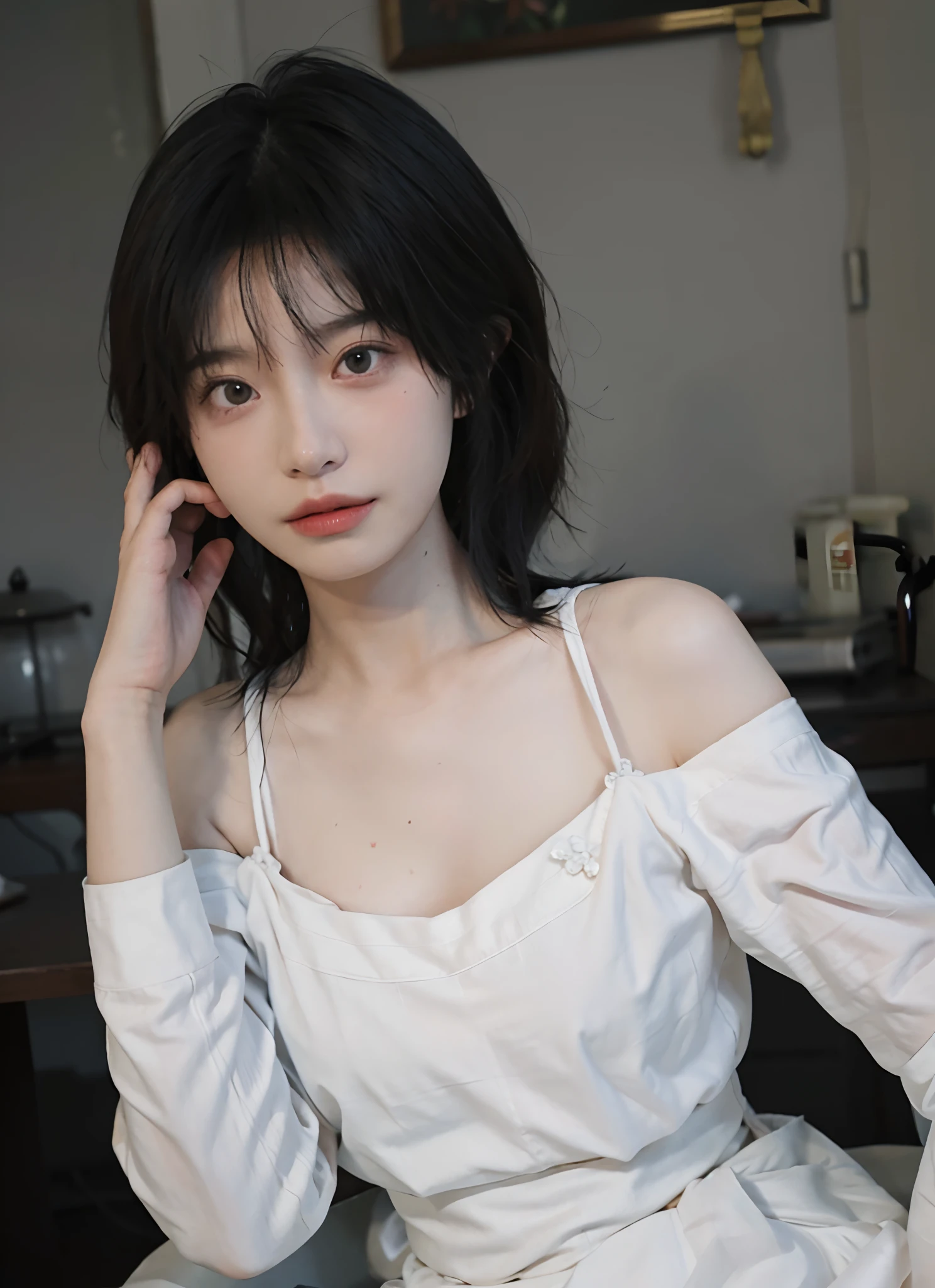 best qualtiy， 超高分辨率， （realisticlying：1.4）， twincest， A pair of clear and moving peach blossom eyes,Royal Sister，Off-shoulder white shirt， White tight skirt，  （Faded gray-gray hair：1.2）， （big cleavage breasts：1.2）， looking at viewert， closeup cleavage ，