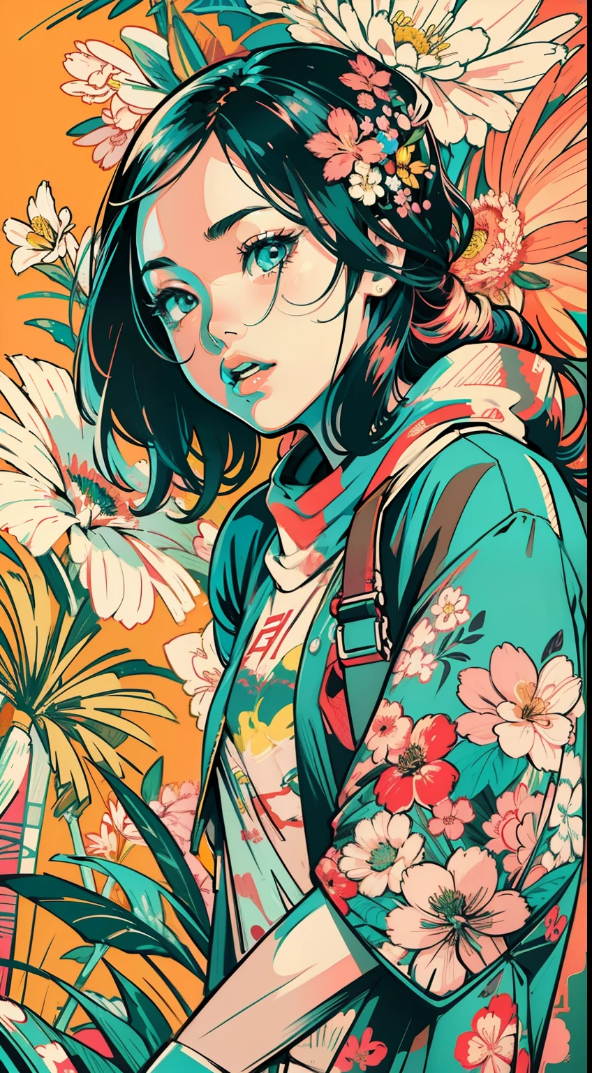 Create digital artwork in pop art, Featuring a bright and confident young asian girl,Street fashion, Movie Color Scheme, Surrounded by vintage floral motifs, Bright brush strokes,Emotions should be dynamic, upper-body, Drawing, illustartion, Grayscale, tropical, lots of flowers,