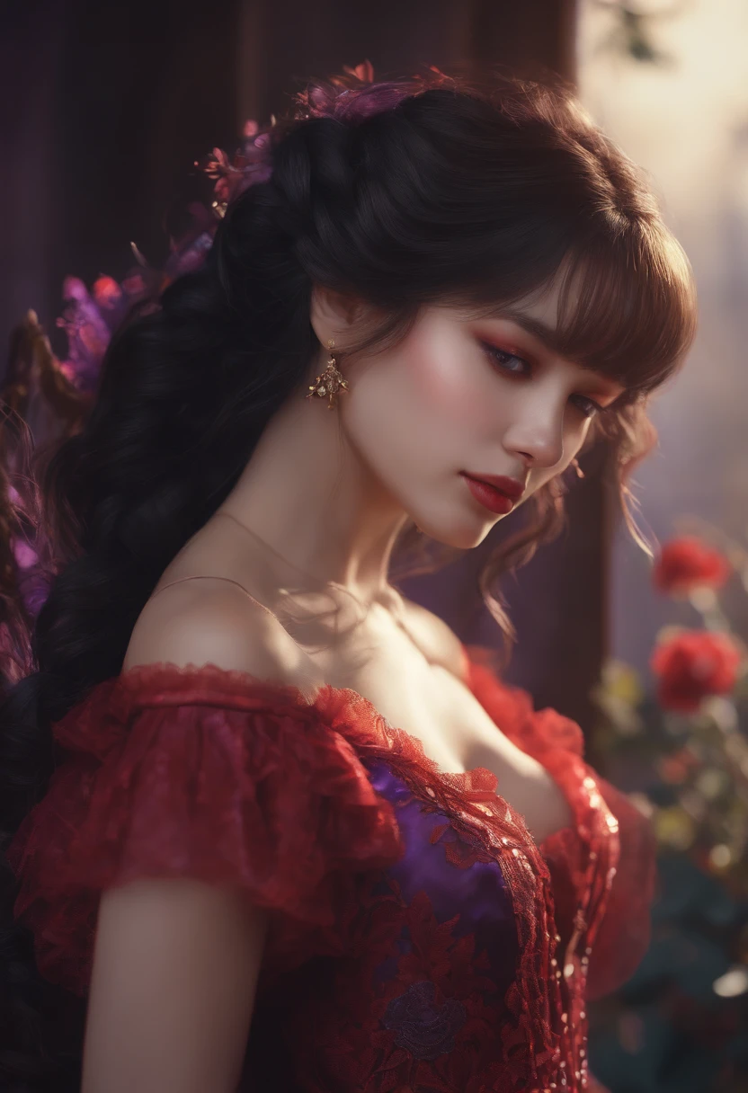 {{{{intricate}}}},
solo,
1girl,
long hair,
wavy hair,
french braid,
blunt bangs,
black hair,
purple eyes,
small breasts,
red frilled dress,