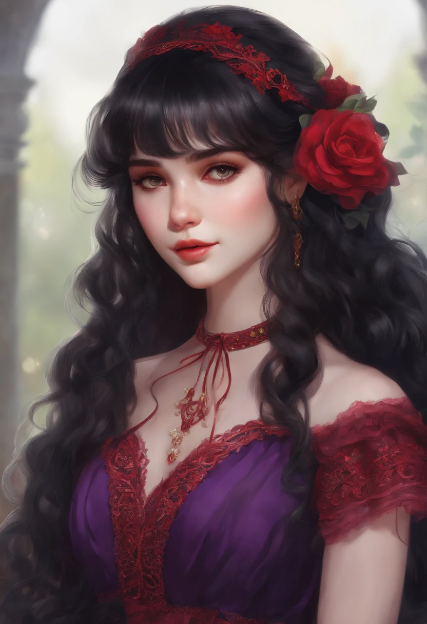 {{{{intricate}}}},
solo,
1girl,
long hair,
wavy hair,
french braid,
blunt bangs,
black hair,
purple eyes,
small breasts,
red frilled dress,