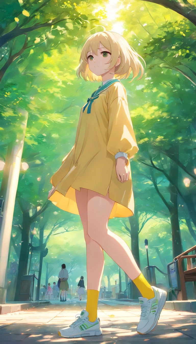 best qualtiy， tmasterpiece， 超高分辨率， realisticlying， 1 girl， long  white hair，Heterochromic pupils，Long legs，（shift dresses），cheerfulness，Light yellow tube stockings，Light yellow sneakers，Swing in the park，wide angles