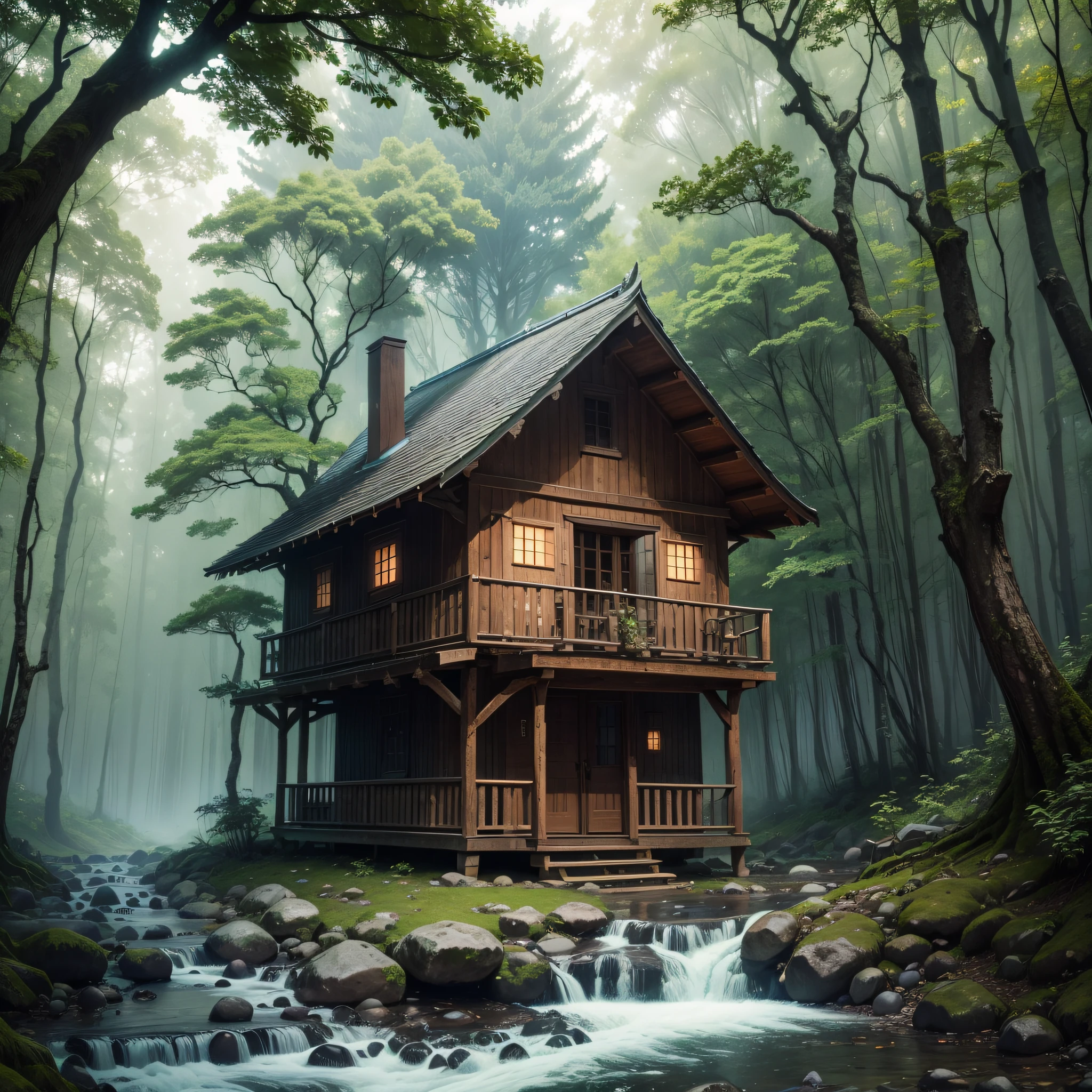 A stream flows through the forest、A hut is built on a large tree that extends from the stream.。Fantastic fog、Fireflies are flying here and there。Coming soon、Please make such a fantastic and wonderful picture。, 35mm, f/16, UHD, retina, masterpiece, ccurate, super detail, high details, high quality, award winning, best quality, highres, 1080P, HD, 4K