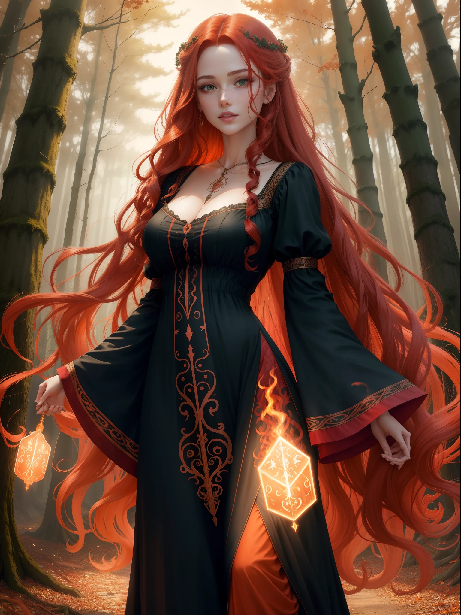 (best quality,4k,8k,highres,masterpiece:1.2),ultra-detailed,(realistic,photorealistic,photo-realistic:1.37),DigiArt Style,looking at viewer,full body,digital art,1girl,solo,very long curly hair,redhead,green eyes,fair skin,silk dress,fire, witch,fantasy,vivid colors,fiery red hair with golden highlights,soft curls flowing down her back,locks of hair swirling around her as if in a gentle breeze,sparkling emerald eyes that seem to radiate magic,pale, flawless complexion with a subtle glow,delicate freckles adorning her cheeks,the silk dress with vibrant hues of red and orange, adorned with intricate patterns that resemble flickering flames,the dress flowing and billowing around her, revealing glimpses of her slender figure,a staff adorned with glowing runes held in her hand, emanating a fiery aura,casting vibrant shadows on the ground,the backdrop of a mystical forest with towering trees and ethereal light filtering through the leaves,a magical glow enveloping the scene, illuminating the fire witch in a warm and captivating light。