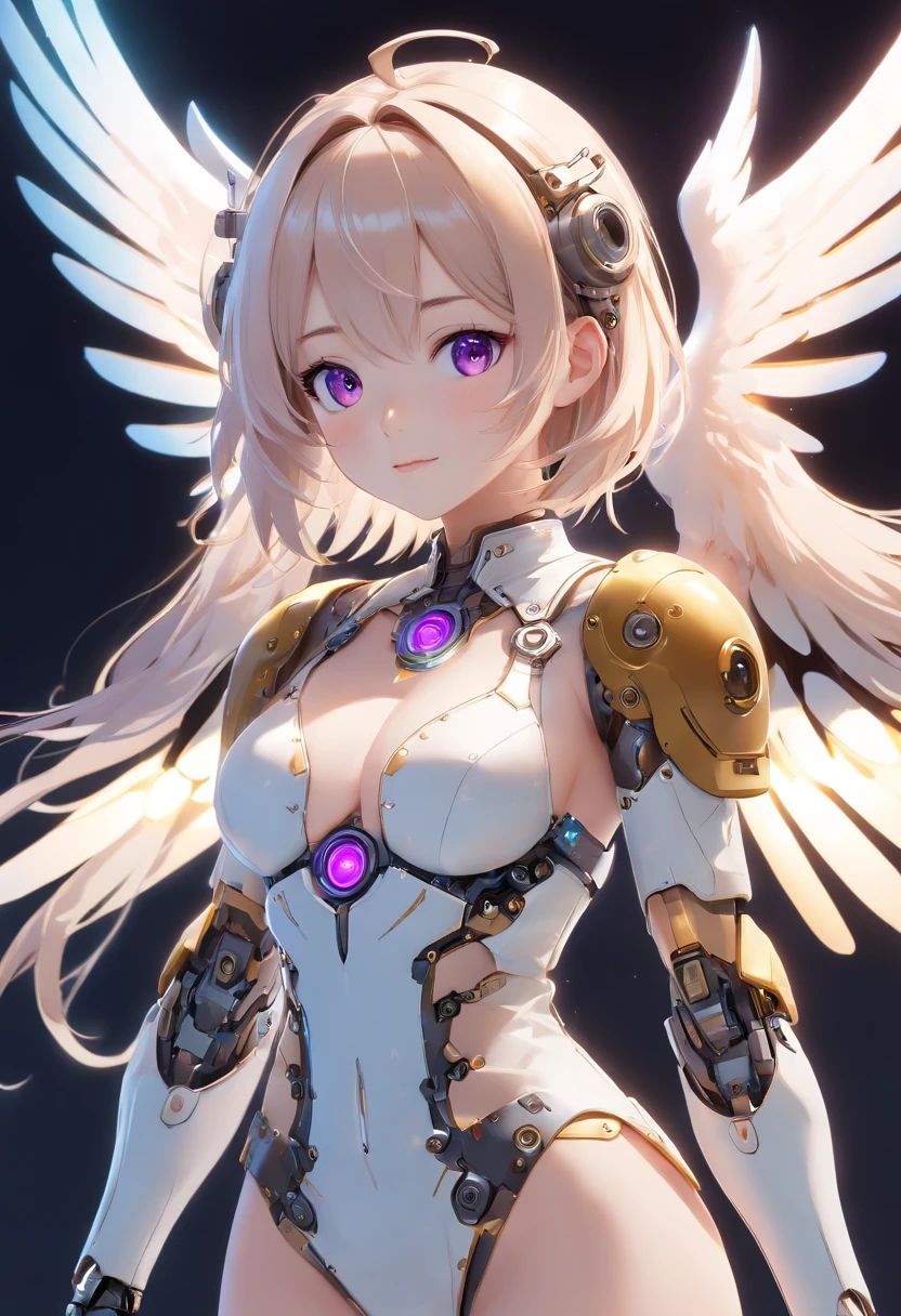 Create a bot、The gesture of the arrival of the angel、Suspended in mid-air、facing at camera、Complete body,in a panoramic view、12 to 16 years old, With a charming smile, Trigger people's emotions, When you see him, top-quality、tmasterpiece、超A high resolution、(Photorealsitic:1.4)、RAW photo、Steampunk robot angel、Large wing made of metal、White porcelain body、whaite hair、glowy skin、Cyborg girl、((Super realistic details))、porate、The mechanical technology background evokes the aura of time,The gears are constantly spinning behind it、globalillumination、black shadows、octan render、8K、ultrasharp、Character edge light,Colossal tits、Raw skin is exposed in cleavage、Details of complex ornaments、Acrylic transparent cover、Sumerian details、Hydraulic cylinder、small led lights、highly intricate detail、Realistic light、a purple eye、Radiant eyes、Facing the camera、neon light detail、cow boy shot、Futuristic headgear、Floor plan about the《cyber punk perssonage》、Extra meticulous、future-tech、Faraway view、Full body photo、