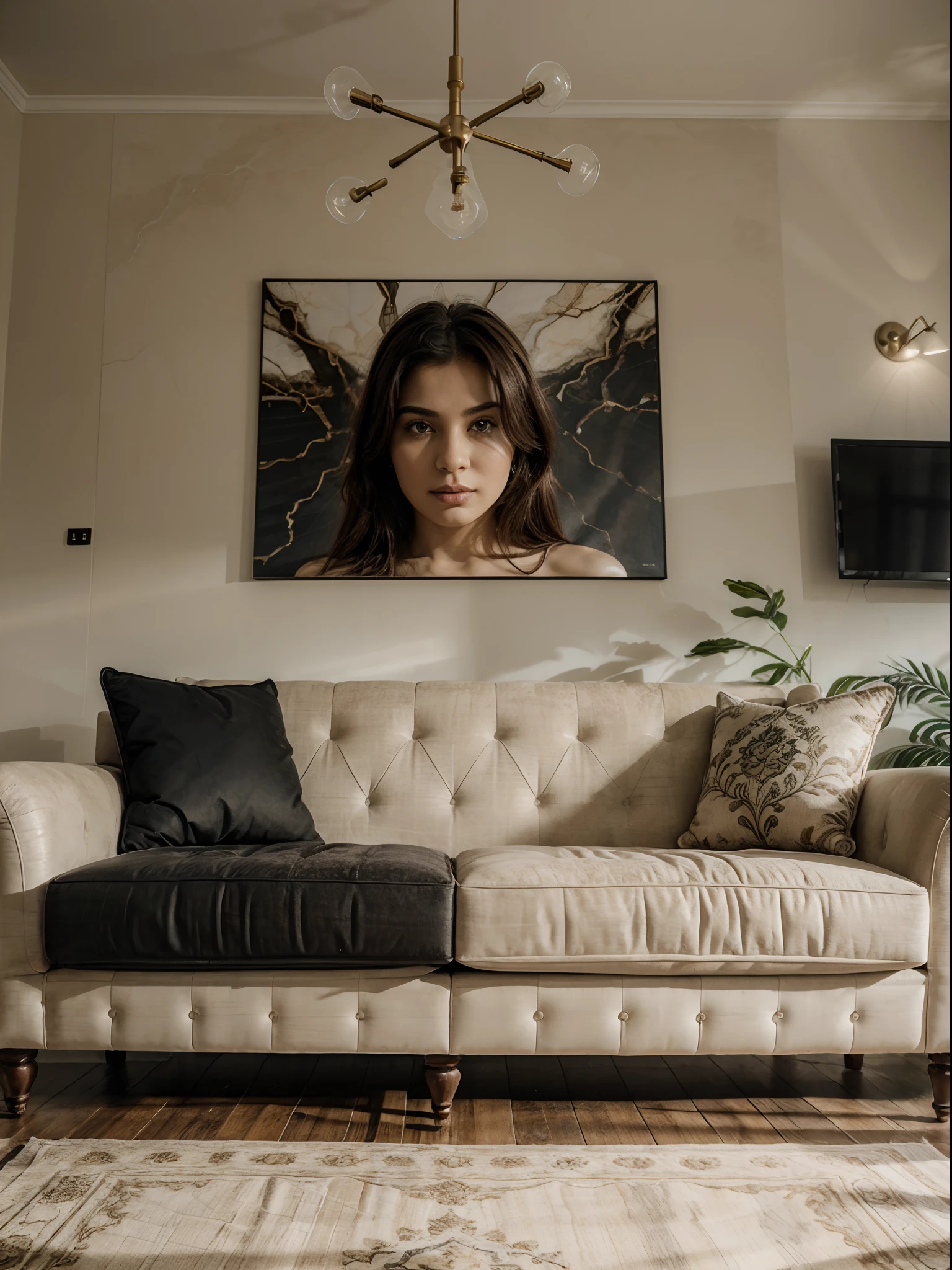 Living room Interior design, furnished marble, sofa set, front portrait, calligraphy at wall which backside the sofa, realistic, detailed portrait, masterpiece, best quality, FHD resolution