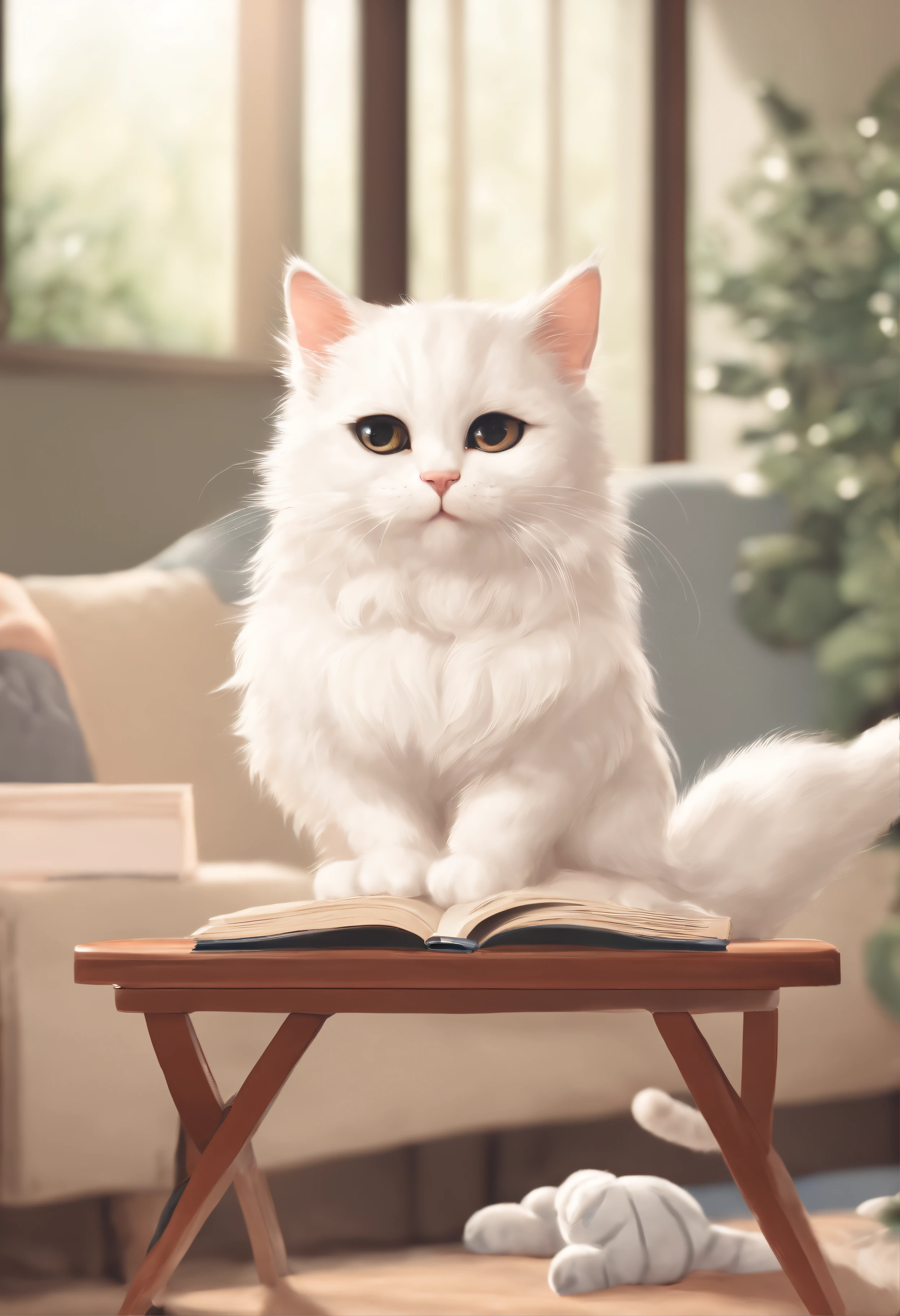 there is a cat on it, a cute little cat, The cutest kitten in history, Very beautiful and cute girl cat, Lewd and excited white cat, a cute little cat, Intelligent cat, an anthro cat, funny cat, cute kittens, And a sad cat. They read books on the couch、Sitting on a chair. They are relaxing after a hard day. They are wearing pajamas.