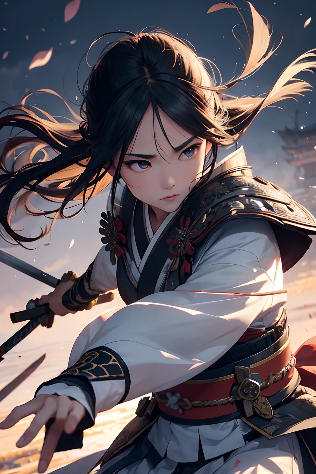 (best quality,4k,8k,highres,masterpiece:1.2),ultra-detailed,(realistic,photorealistic,photo-realistic:1.37),sword,wild long hair,beautiful detailed eyes,determined look,fighting stance,traditional Japanese clothing,delicate cherry blossom petals floating in the air,dark and moody lighting,dynamic action pose,sharp focus,high contrast,impressive katana,traditional samurai armor,subtle color grading,agile and graceful movements,epic battle scene,hauntingly atmospheric,ancient Japanese castle in the background,blue and silver color scheme,mysterious fog,attention to intricate details,highly skilled warrior,spiritual energy emanating from the samurai girl,emotional intensity on her face,traditional Japanese symbols,authentic samurai essence,poised and confident expression,exquisite kimono fabric texture,romantic sunset in the background,expressive sword strikes,energetic brush strokes,traditional ink painting style,dramatic composition,impressive fluidity and motion,crisp and vibrant colors.