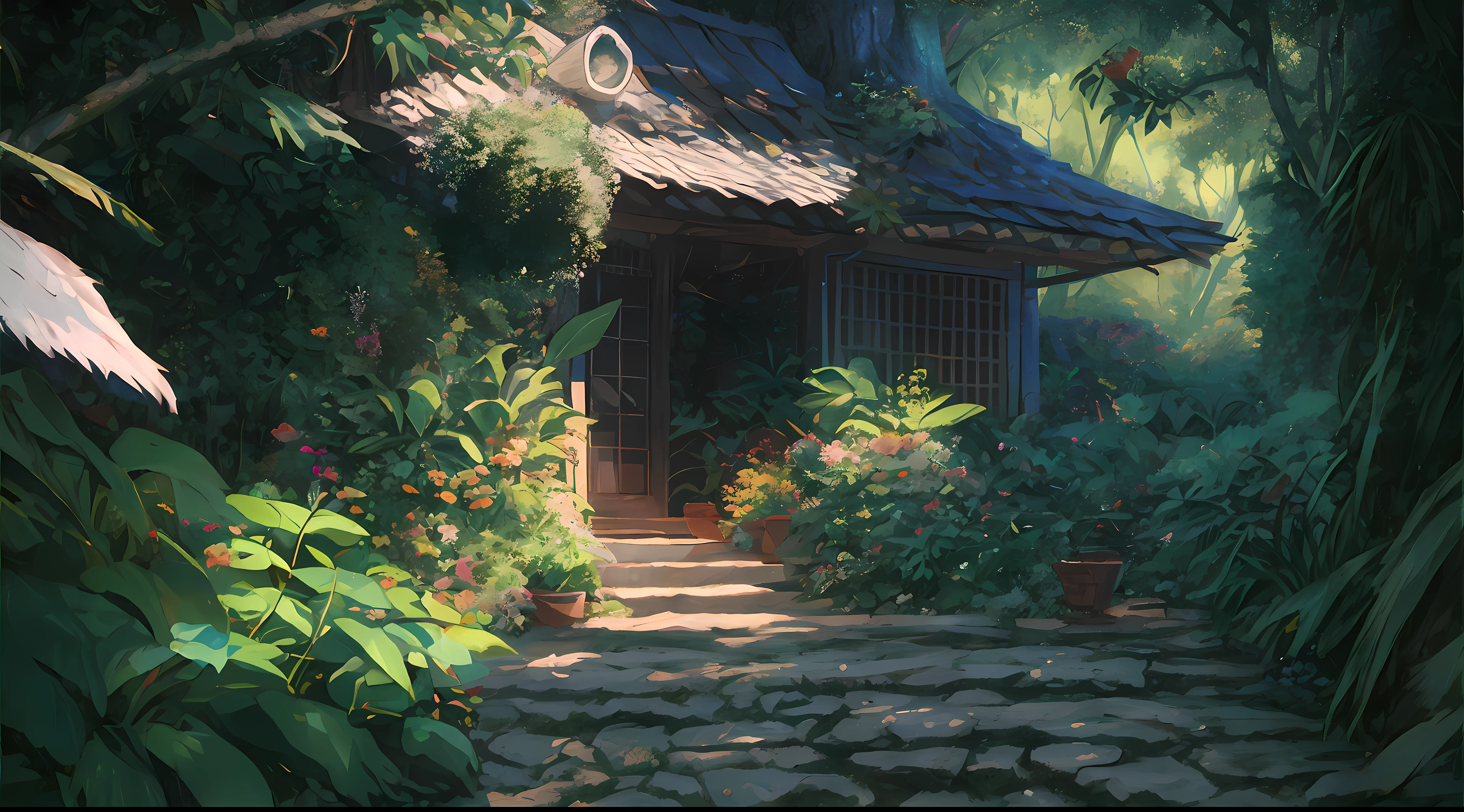 (1980s anime), detailed and intricate, of a house in a dense jungle filled with exotic plants and animals, the sunlight filtering through the canopy creating a dappled effect. In the style of Yoshitaka Amano and Hayao Miyazaki, masterpiece, proportional, detailed, trending on artstation, beautiful lighting, realistic, intricate, award winning, 4k, highest quality,beautiful lighting, absurdes, dynamic pose, masterpiece, absurdes, 4k, muted pastel colors, dynamic shadows