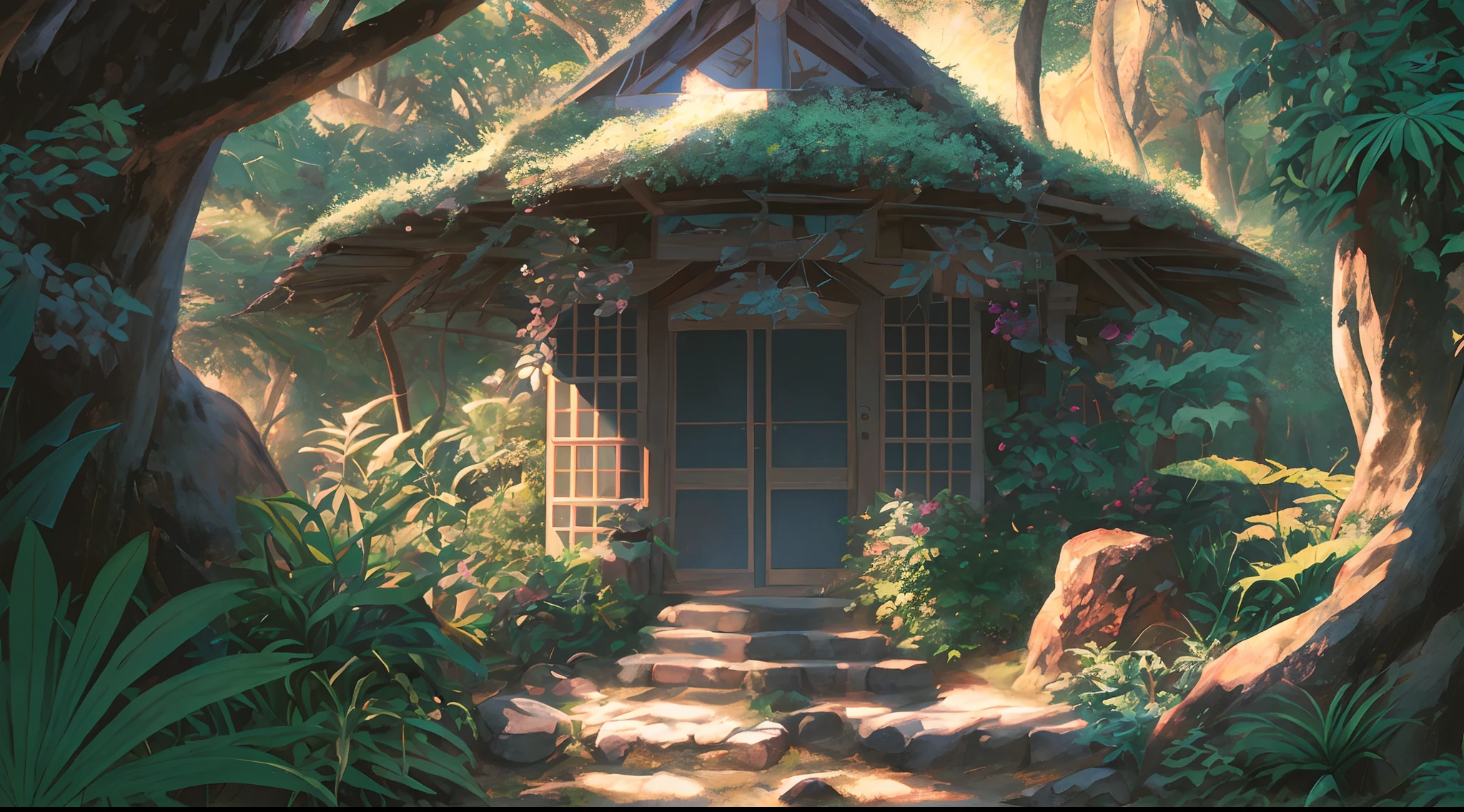 (1980s anime), detailed and intricate, of a house in a dense jungle filled with exotic plants and animals, the sunlight filtering through the canopy creating a dappled effect. In the style of Yoshitaka Amano and Hayao Miyazaki, masterpiece, proportional, detailed, trending on artstation, beautiful lighting, realistic, intricate, award winning, 4k, highest quality,beautiful lighting, absurdes, dynamic pose, masterpiece, absurdes, 4k, muted pastel colors, dynamic shadows