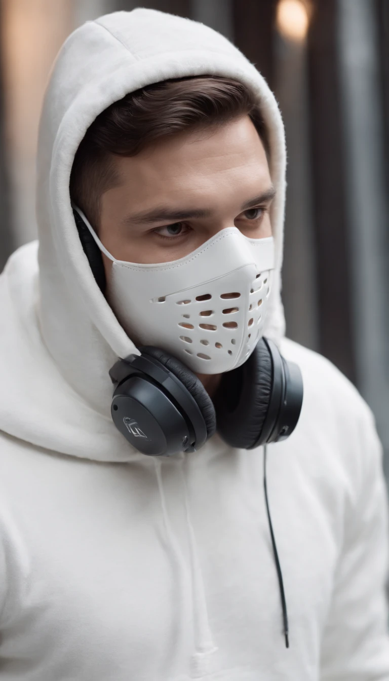 Against a dark and foreboding background, a figure stands in a sidepose, his white hoodie and mask making him almost blend into the shadows. But his headphones and handsome features give him away, as he stands lost in his own world.