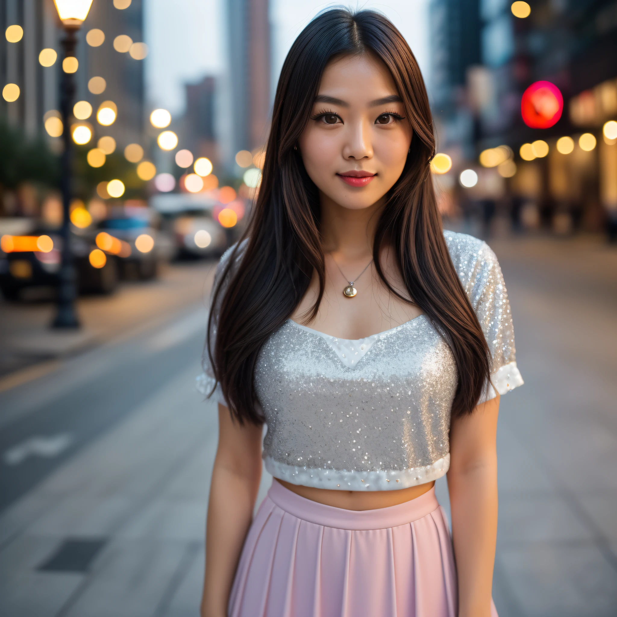 (selfie, top view: 1.4), (straight half of the body: 1.4), RAW UHD portrait photo of a 25-year-old Chinese (brown-eyed woman) city during daytime, (skirt), (neckline), details (textures! , hair! , glitter, color!! , disadvantages: 1.1), glossy eyes with high detail (looking at the camera), SLR lighting, SLR camera, ultra-quality, sharpness, depth of field, film grain (center), Fujifilm XT3, crystal clear, frame center, beautiful face, sharp focus, street lamp, bokeh, detailed skin pores, complex eye details, full body
