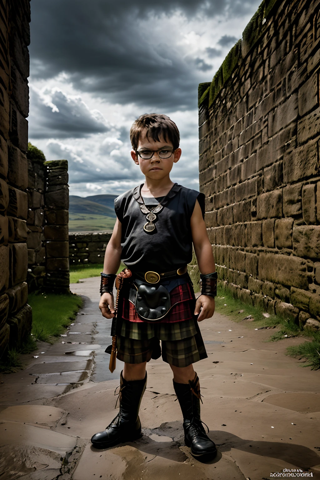 "Generate a magazine cover featuring a 3-year-old boy wearing glasses and dressed as a character from the movie 'Highlander.' The scene is set in ancient Scotland, with warriors surrounding him as he holds a sword. The photograph has a great depth of field, taken from a low angle, under a cloudy sky with dark clouds. The boy strikes a warrior pose. It should be hyper-realistic, shot professionally."