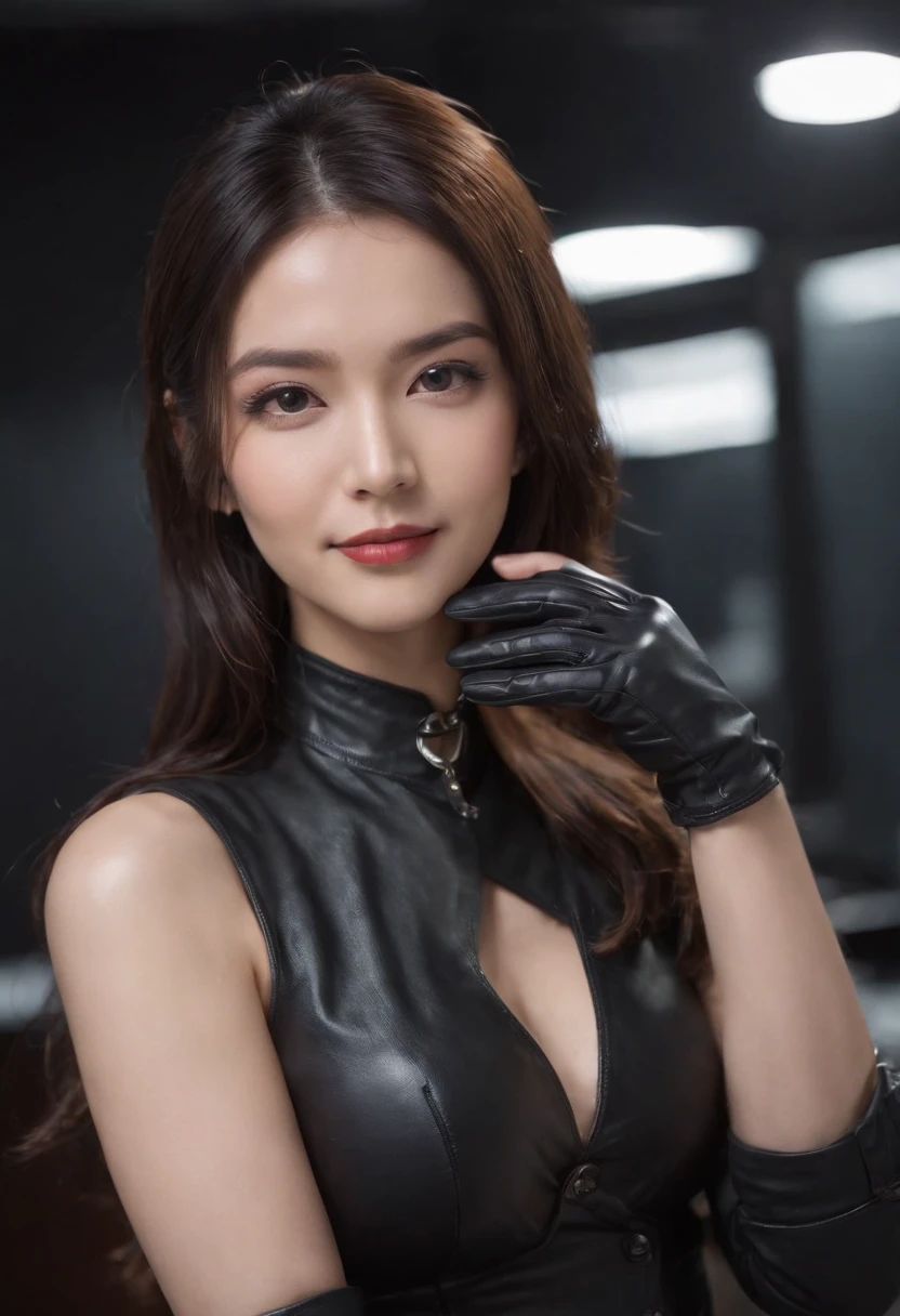 Wear black leather gloves on both hands, Upper body, Black leather rider jacket, Necklace on the chest, Smiling at desk in a modern study in the dark, black long straight hair, Young Japanese woman (Black leather gloves cover hands) Fingers with black leather gloves, Sit in a leather chair, Work on a computer, Staring at the screen，huge tit，Crisp chest half exposed