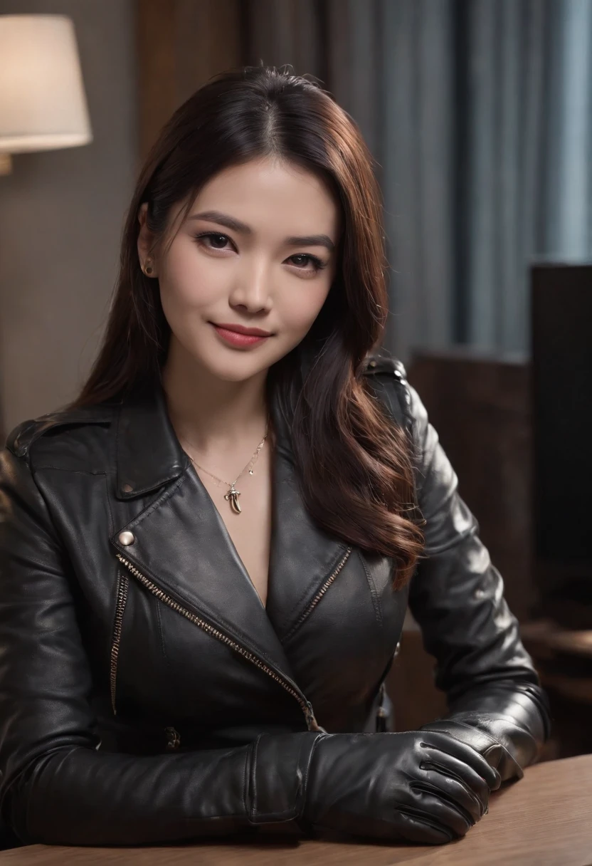 Wear black leather gloves on both hands, Upper body, Black leather rider jacket, Necklace on the chest, Smiling at desk in a modern study in the dark, black long straight hair, Young Japanese woman (Black leather gloves cover hands) Fingers with black leather gloves, Sit in a leather chair, Work on a computer, Staring at the screen,huge tit,Crisp chest half exposed