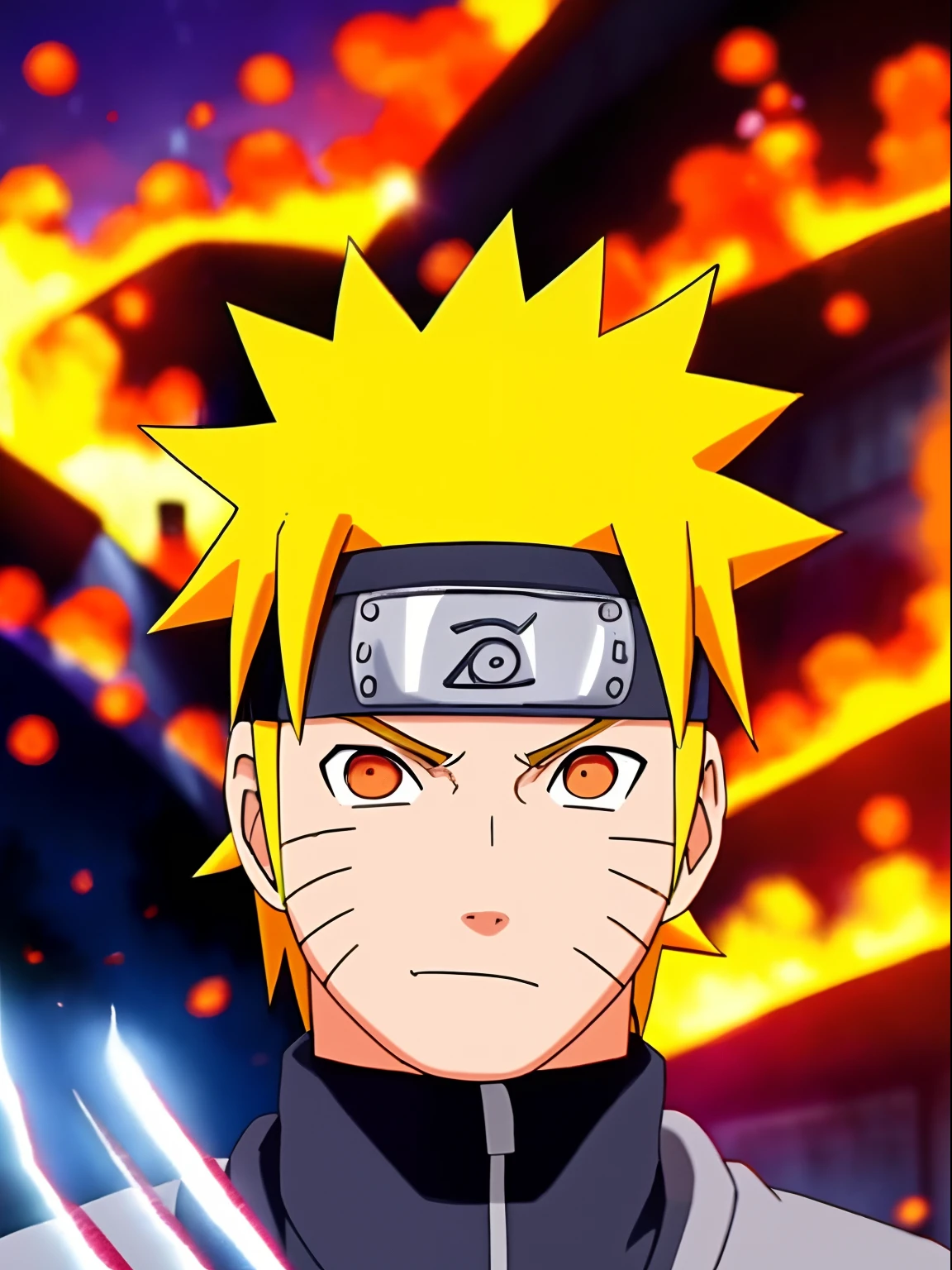 Naruto alone in a fight and looks at the camera and there is a fire behind him