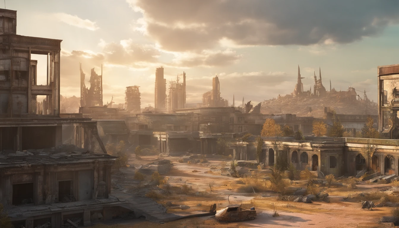 Un paysage post apocalyptique, with some buildings damaged and others in ruins, soleil levant au milieu de l'image, teinte chaude