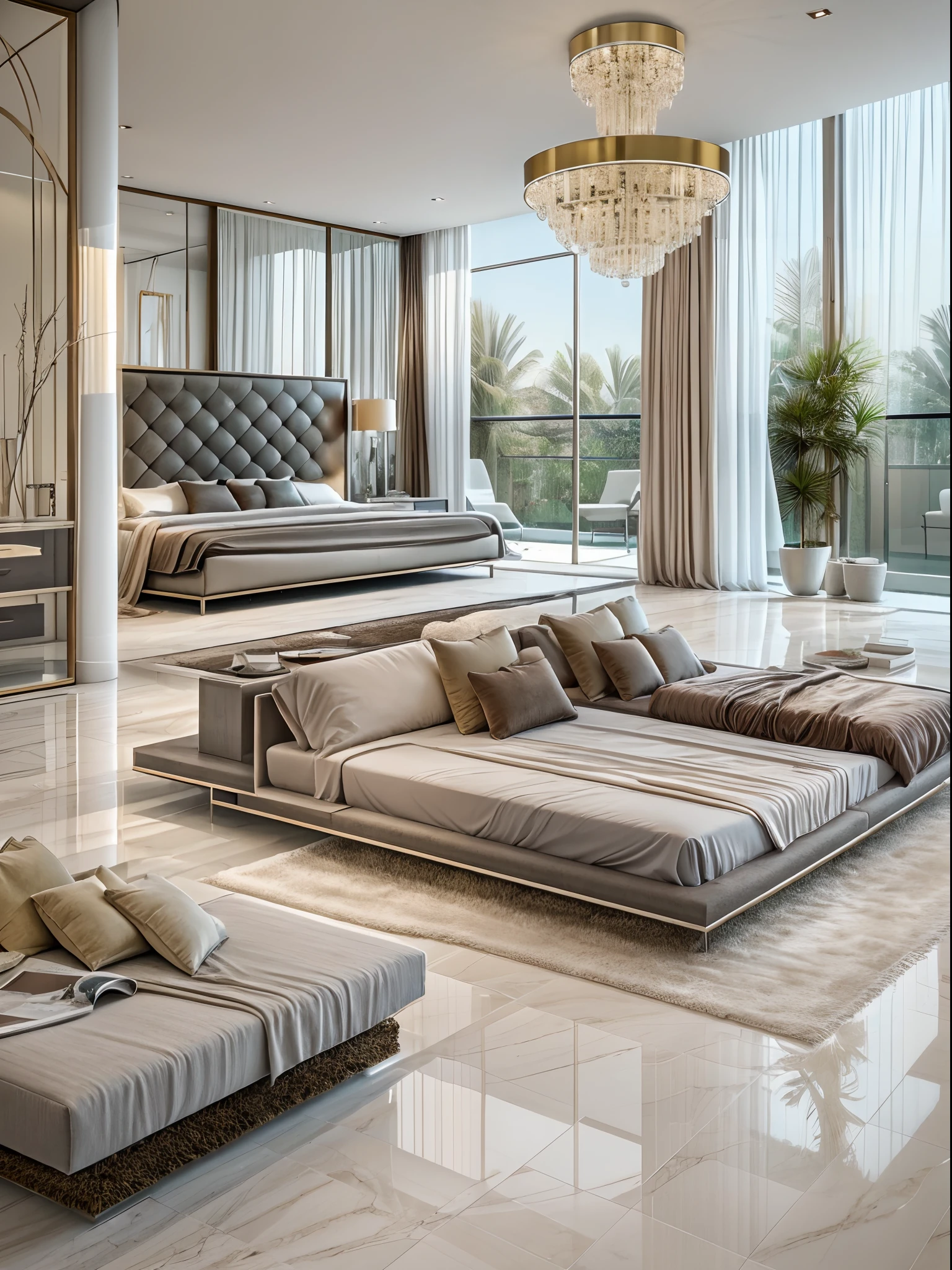 (best quality,4k,highres), modern contemporary furniture, spacious bed room, floor-to-ceiling windows, marble flooring, elegant chandeliers, minimalist decor, neutral color palette, natural light, luxurious master bedroom with ensuite bathroom, walk-in closet, designer furniture, plush carpets,  indoor swimming pool, private balcony.