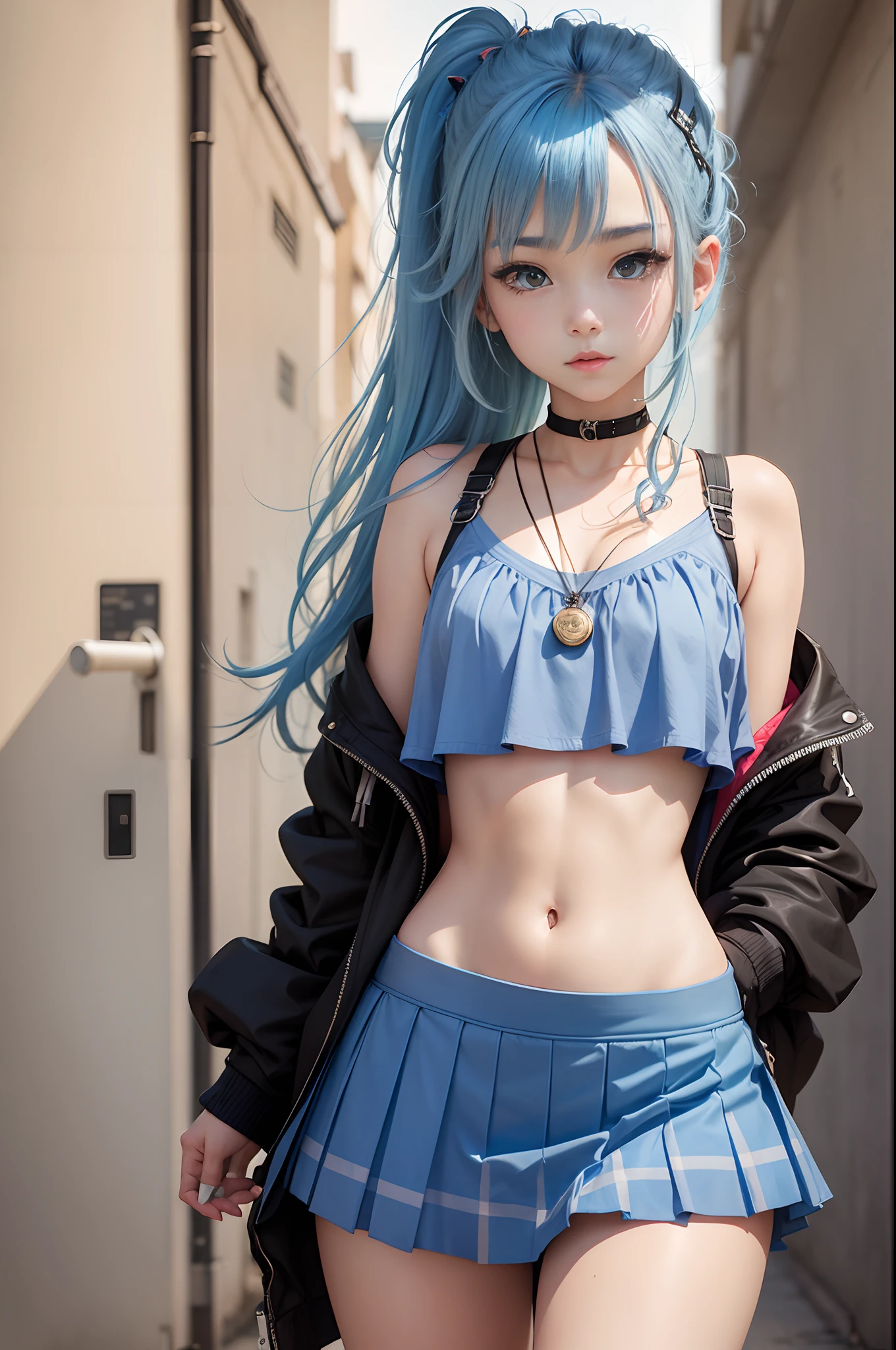 Blue-haired a junior high school student Street Street femele Plain clothe Side tail a beauty girl skirt by the Navel Ejection pure